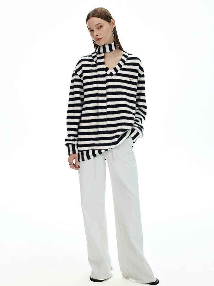 AFTADAWN Colorblock Striped V-neck Knit Embroidered Relaxed Women&