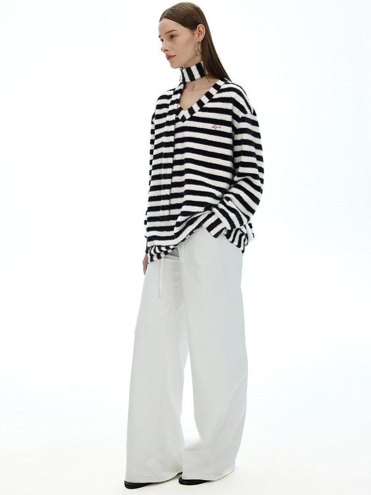 AFTADAWN Colorblock Striped V-neck Knit Embroidered Relaxed Women&