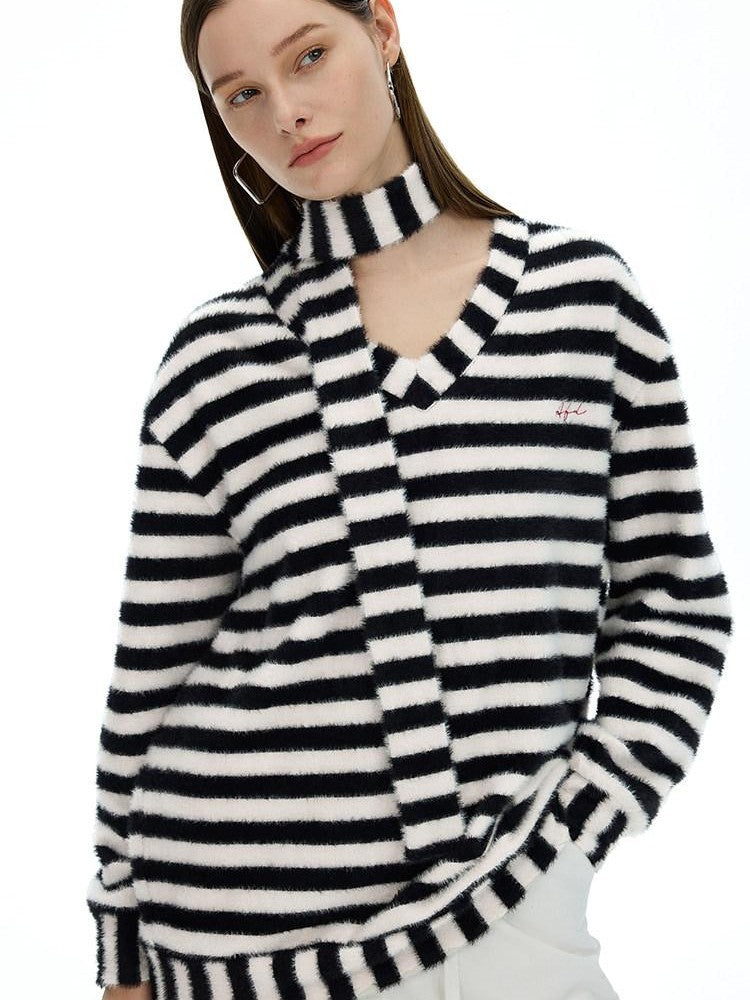 AFTADAWN Colorblock Striped V-neck Knit Embroidered Relaxed Women&