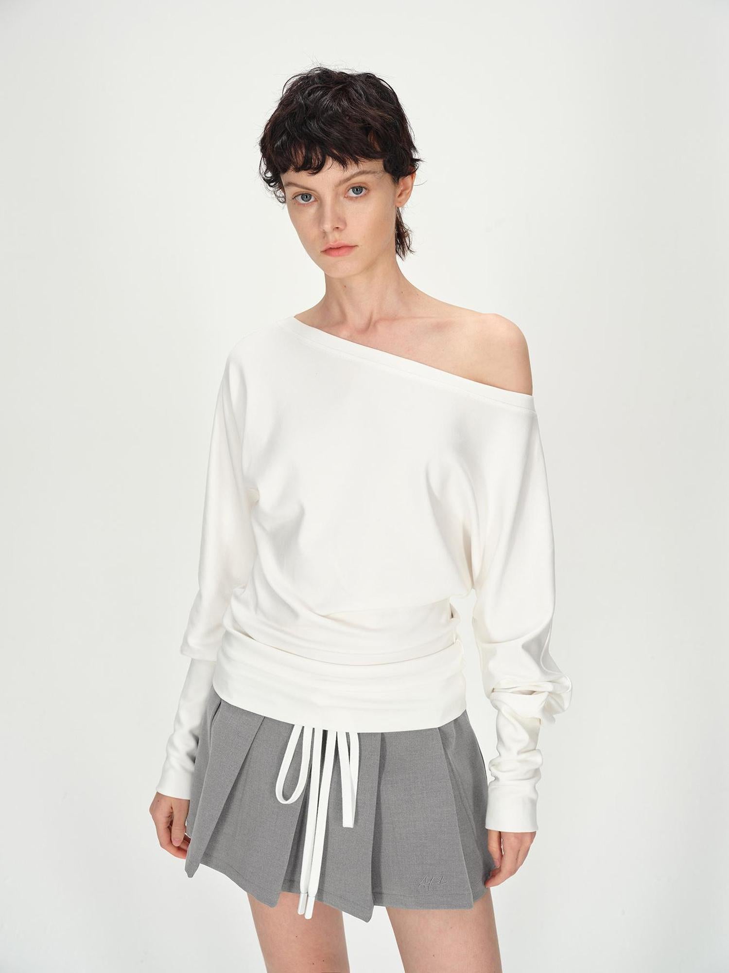 AFTADAWN Combed Siro Yarn Off Shoulder Long Sleeve T-Shirt Layered Fit Top