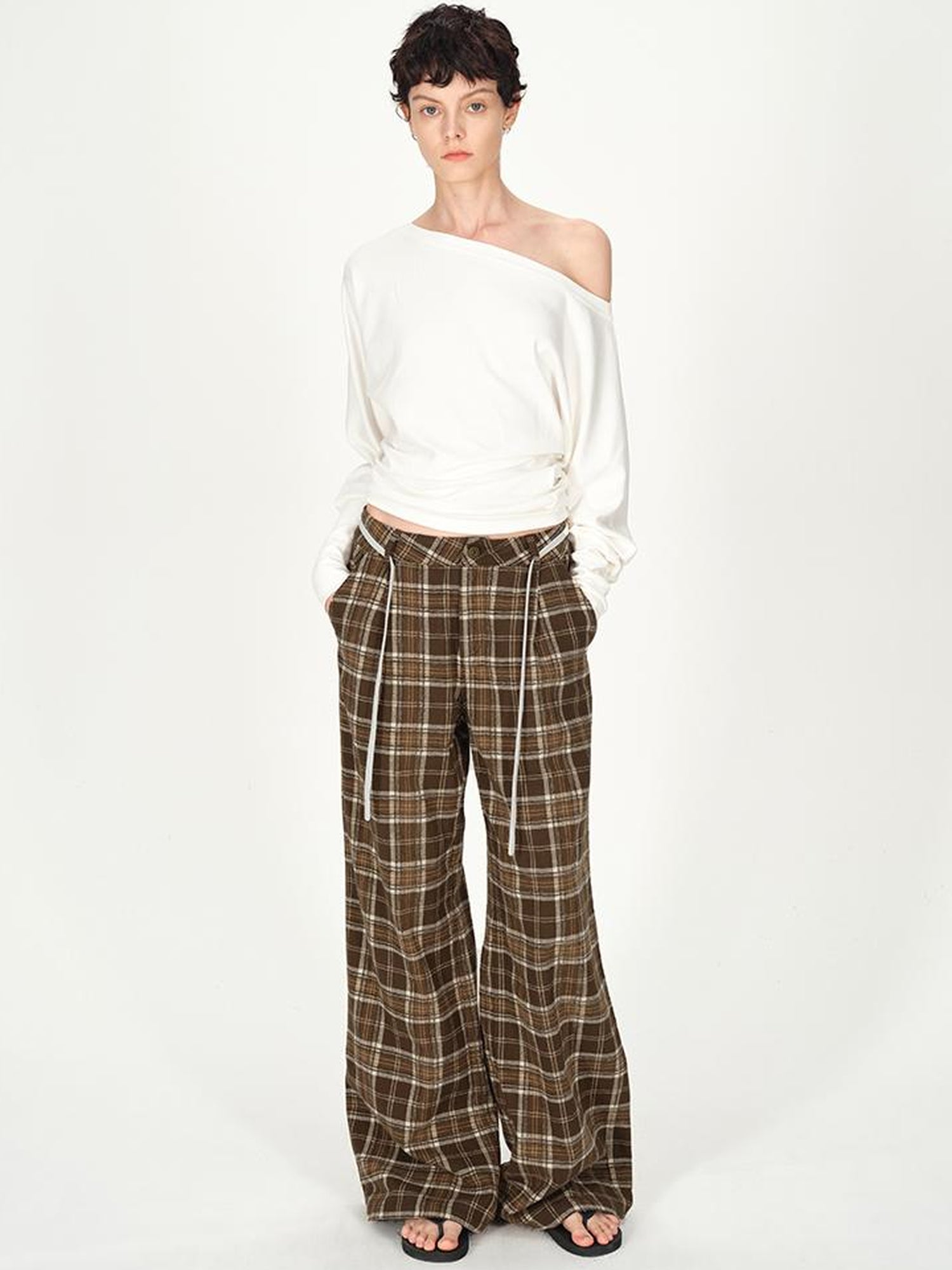 AFTADAWN Combed Siro Yarn Off Shoulder Long Sleeve T-Shirt Layered Fit Top