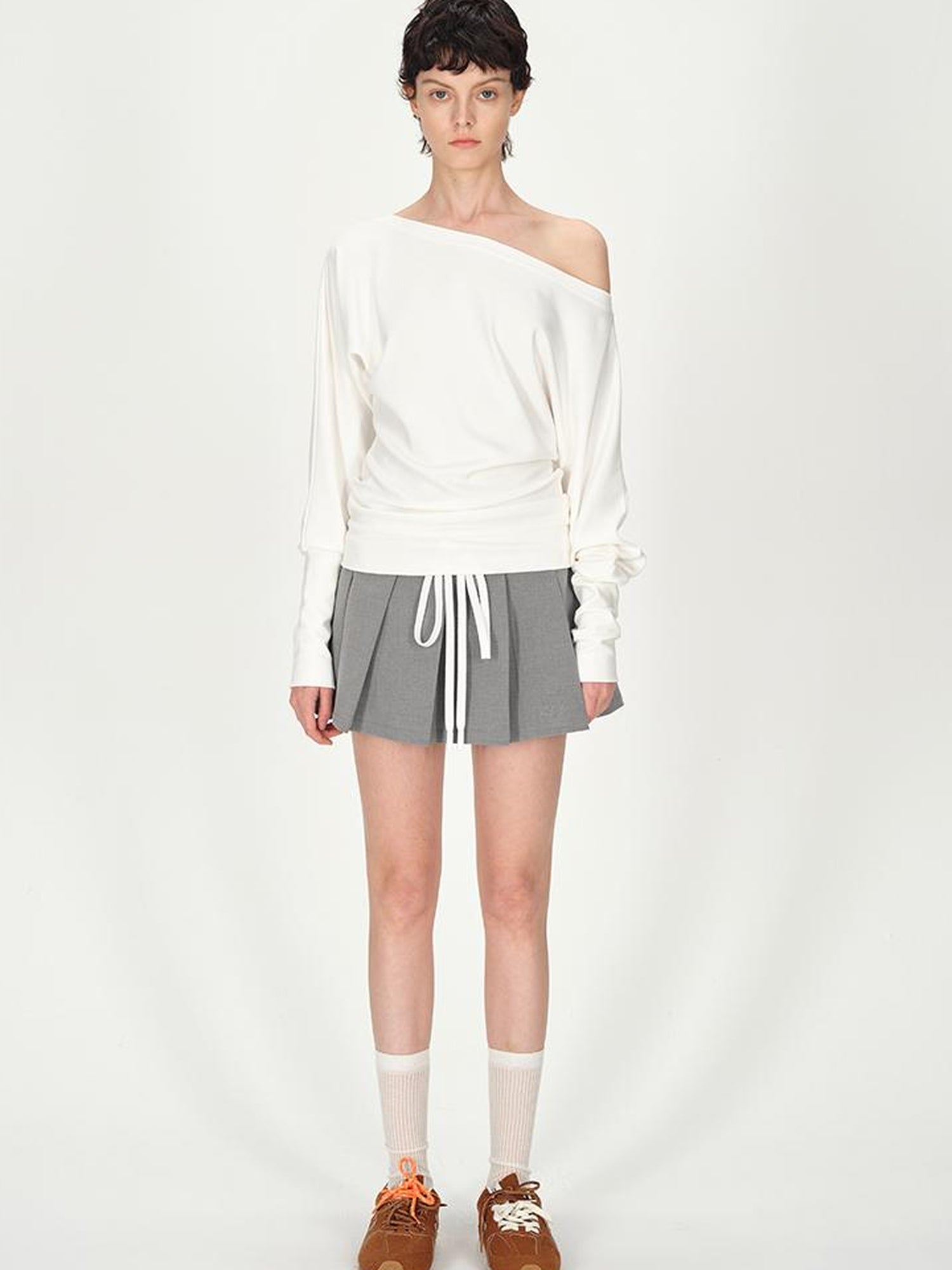 AFTADAWN Combed Siro Yarn Off Shoulder Long Sleeve T-Shirt Layered Fit Top