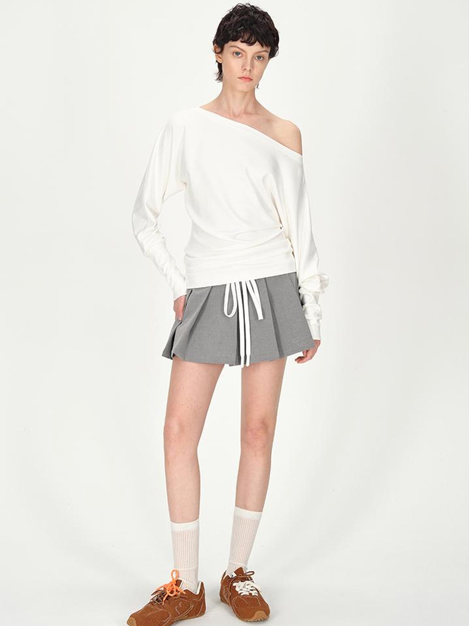 AFTADAWN Combed Siro Yarn Off Shoulder Long Sleeve T-Shirt Layered Fit Top