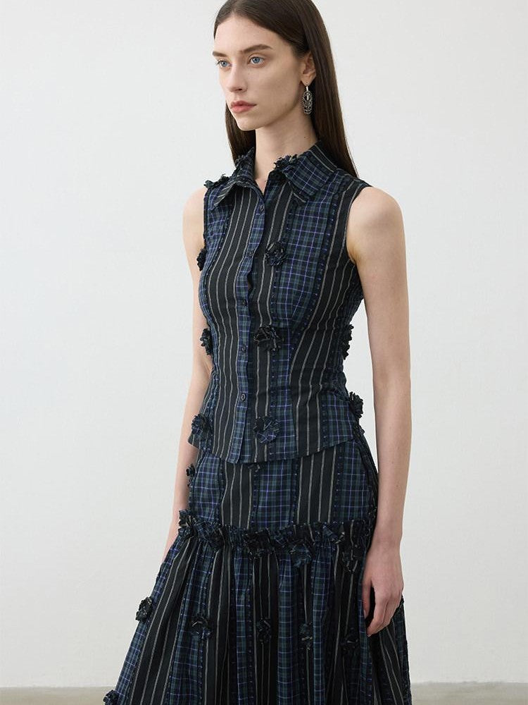 AFTADAWN Contrast Check Patchwork 3d Floral Applique Women&