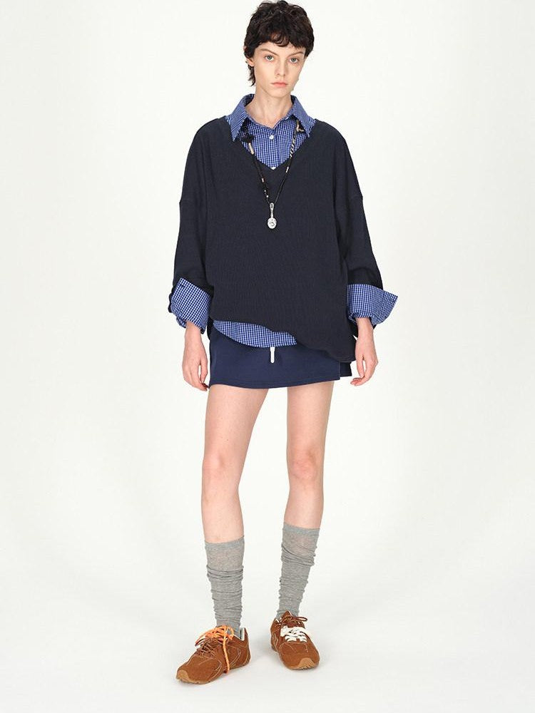 AFTADAWN Contrast Fine Check Oversized Button Polo Collar Women&