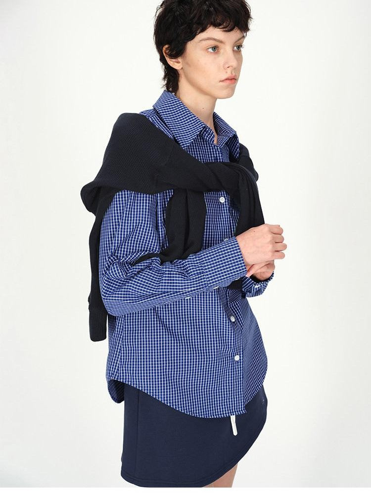 AFTADAWN Contrast Fine Check Oversized Button Polo Collar Women&