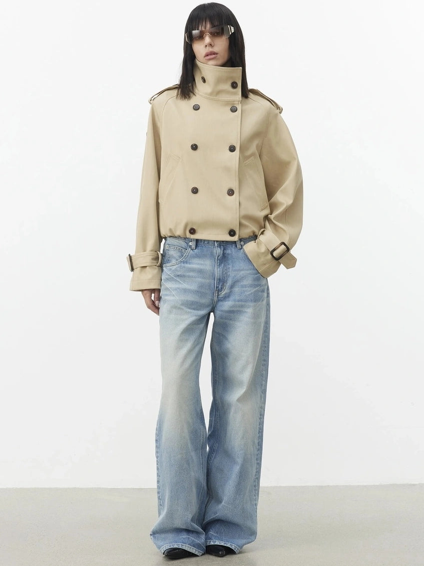 AFTADAWN Contrast Plaid Collar Cropped Trench Coat