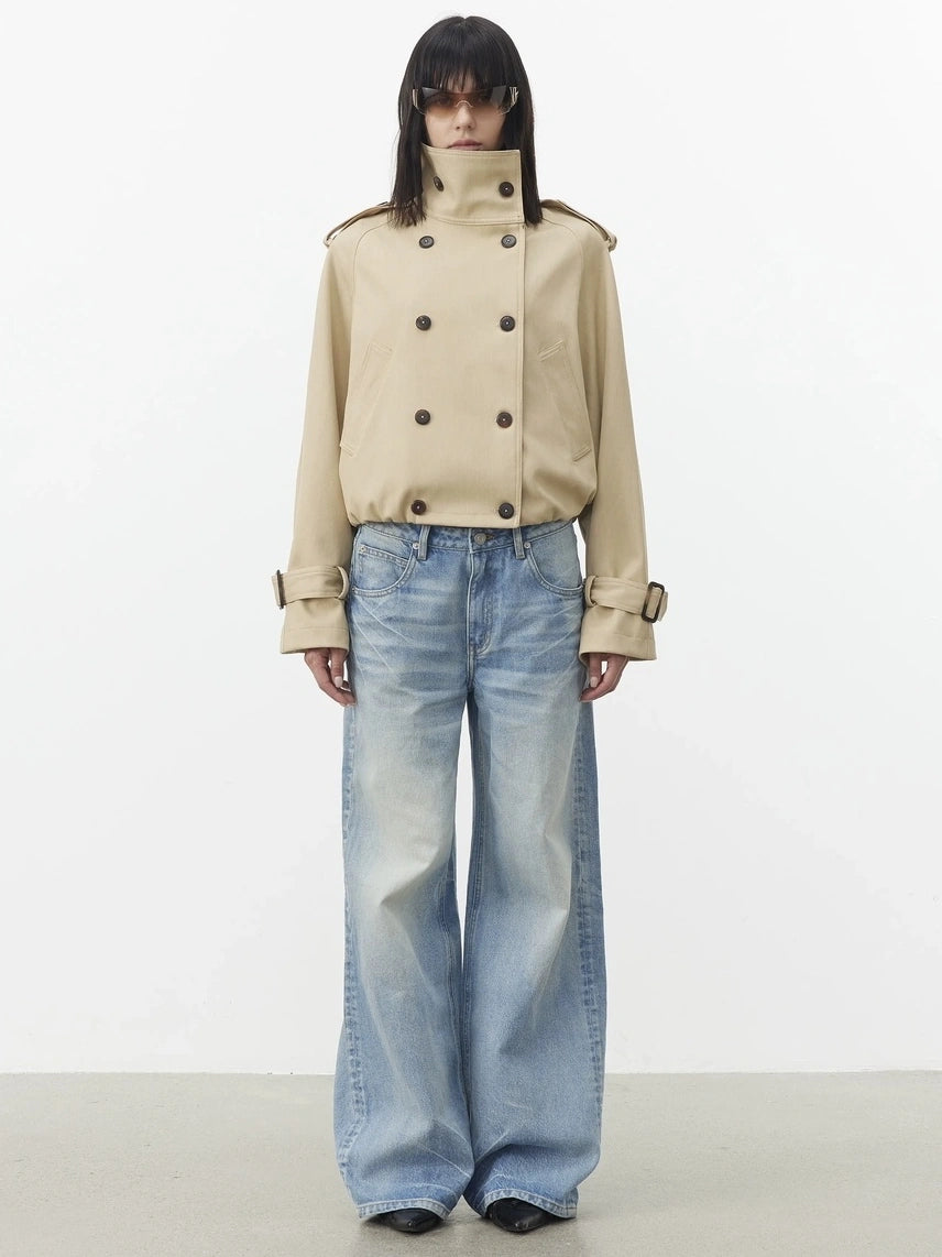 AFTADAWN Contrast Plaid Collar Cropped Trench Coat