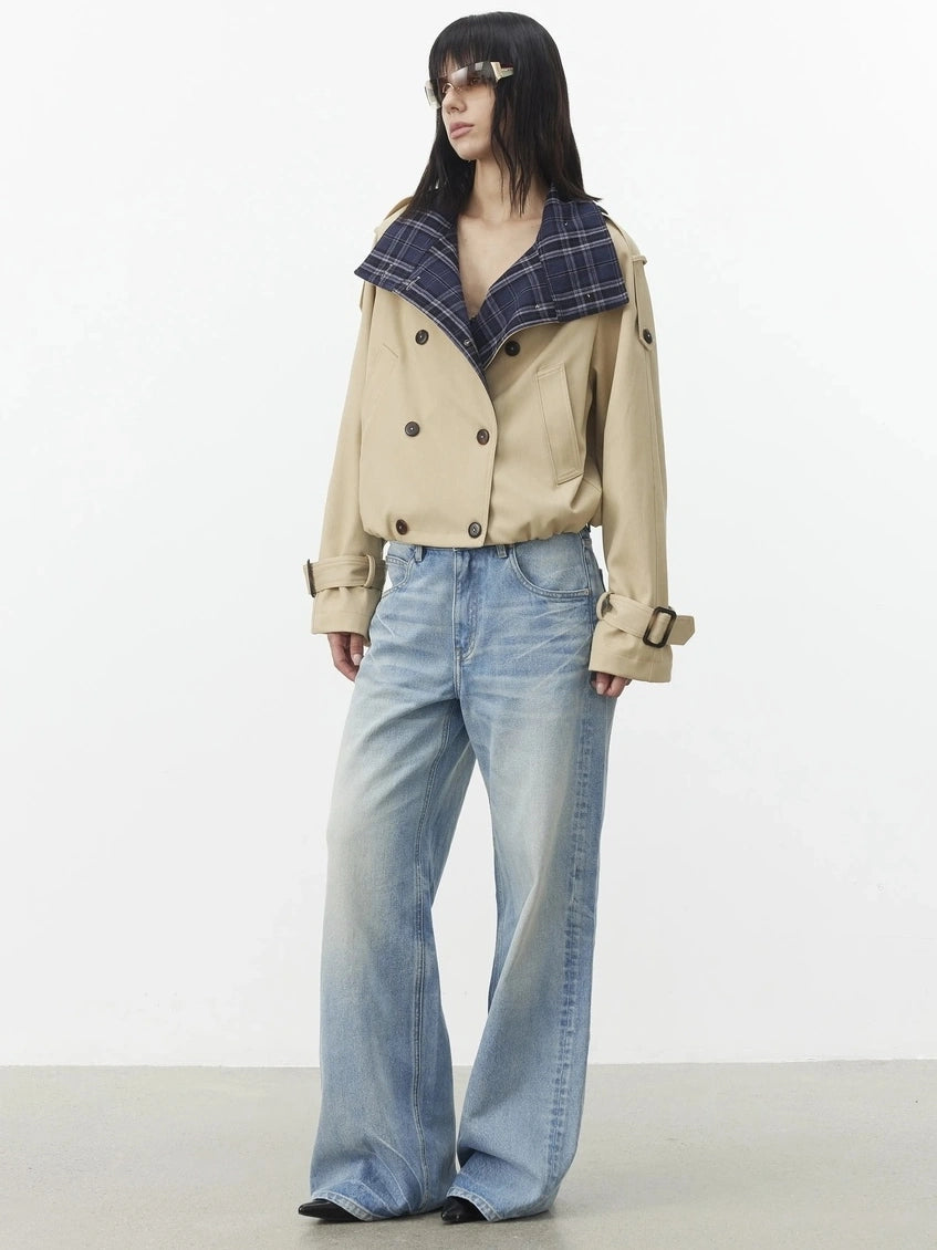 AFTADAWN Contrast Plaid Collar Cropped Trench Coat