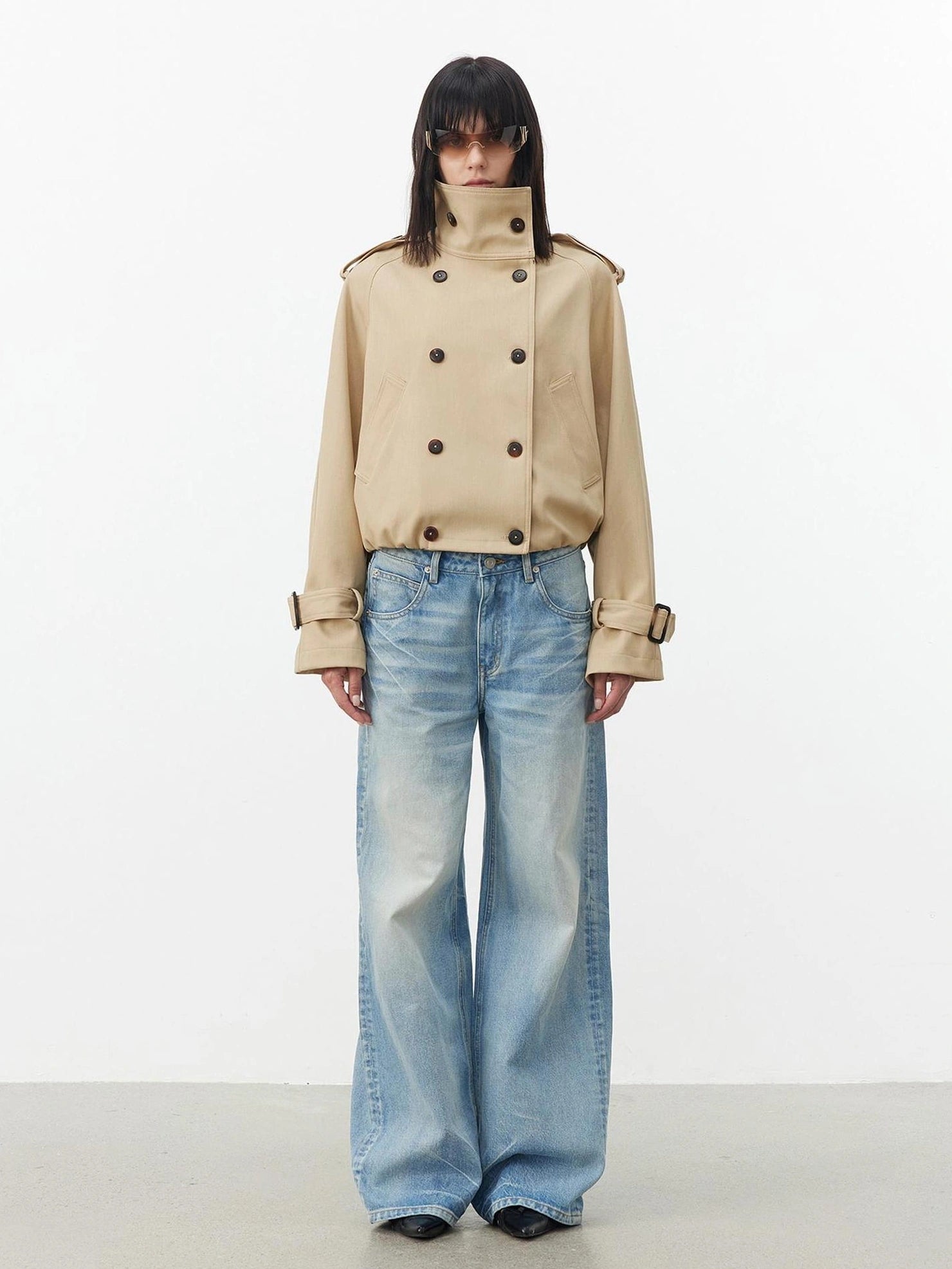 AFTADAWN Contrast Plaid Collar Cropped Trench Coat