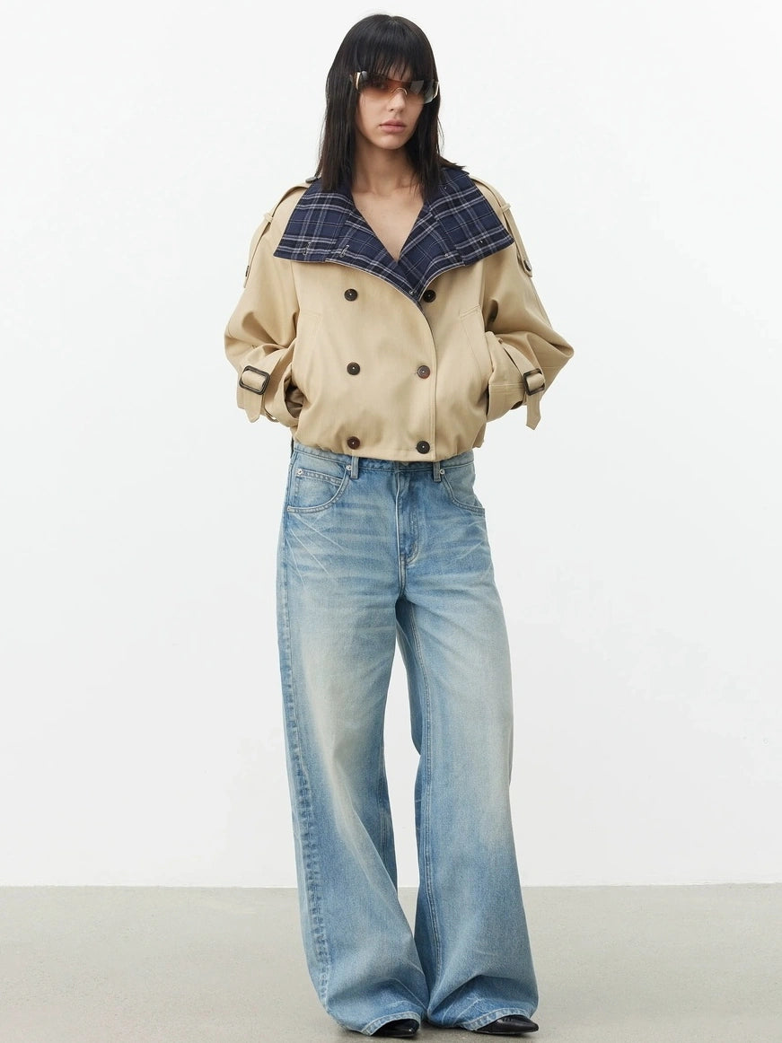 AFTADAWN Contrast Plaid Collar Cropped Trench Coat