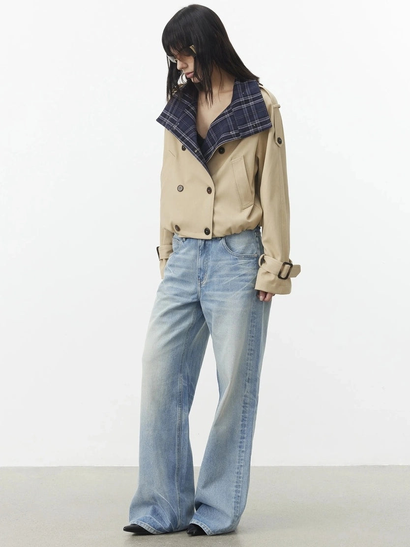 AFTADAWN Contrast Plaid Collar Cropped Trench Coat