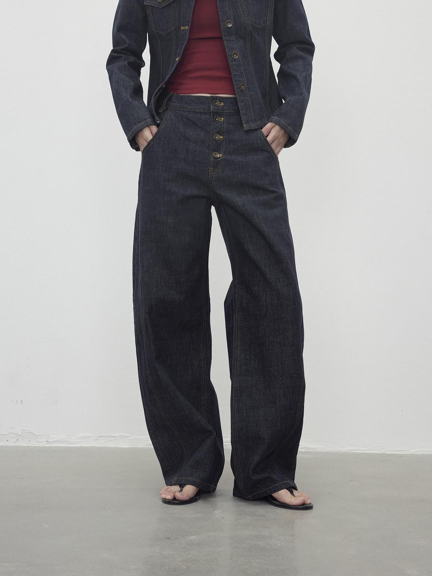 AFTADAWN Contrast Topstitch Button Fly Curved Women&