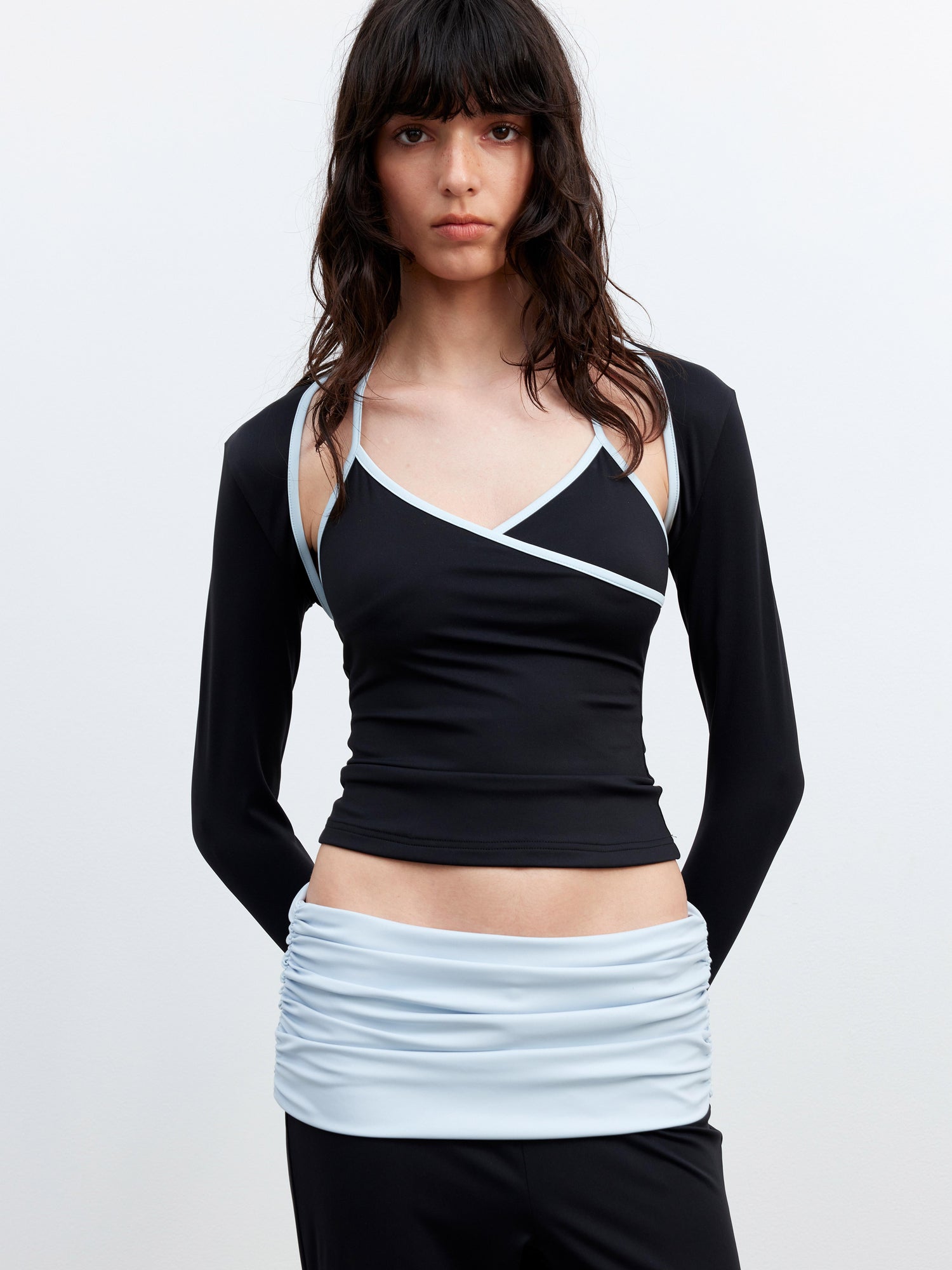 AFTADAWN Cool Feel V-neck Long Sleeve Mesh Top With Contrast Trim And Flared Trousers Set