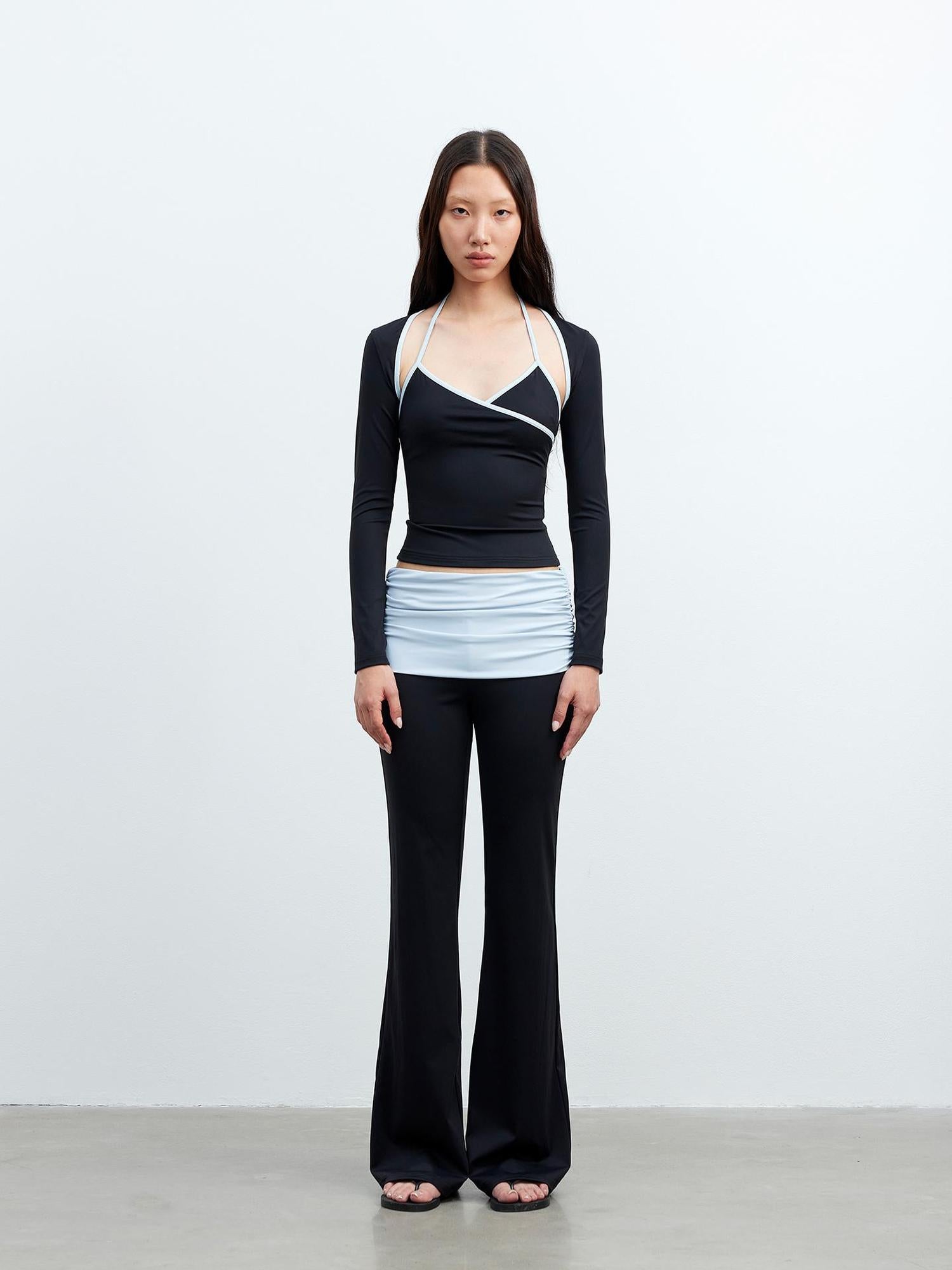 AFTADAWN Cool Feel V-neck Long Sleeve Mesh Top With Contrast Trim And Flared Trousers Set