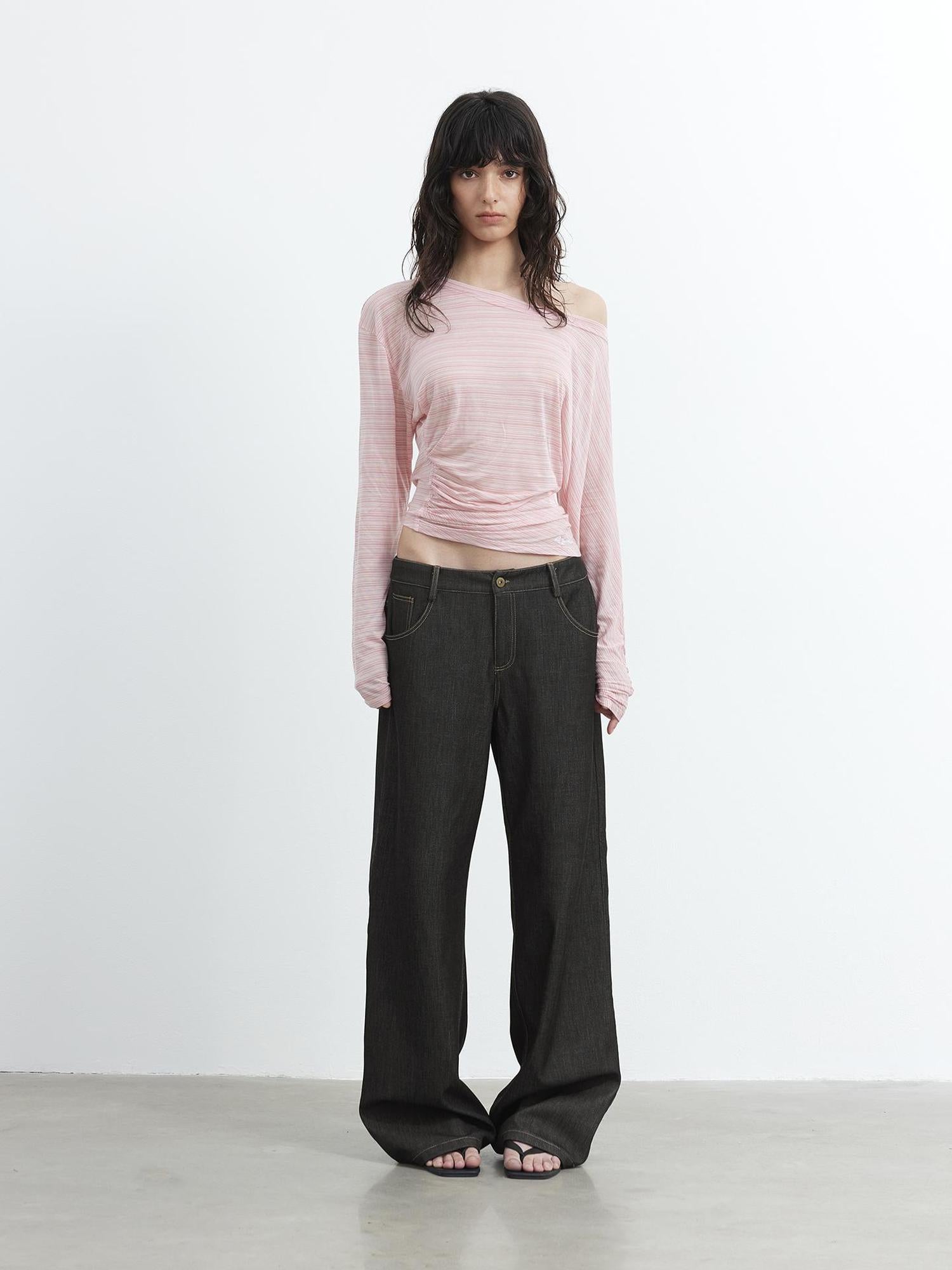 AFTADAWN Cool Sense Asymmetrical Pleated Stripe V-neck T-shirt Long Sleeve