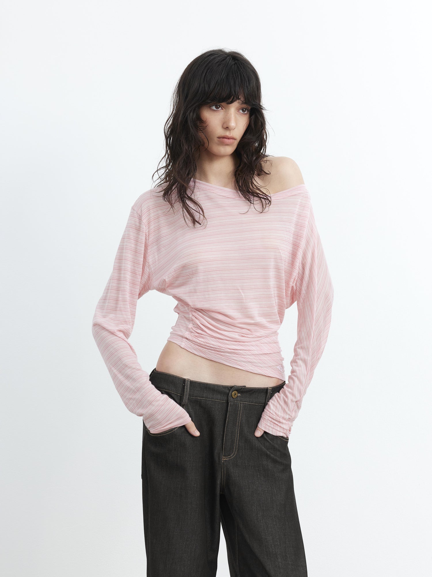 AFTADAWN Cool Sense Asymmetrical Pleated Stripe V-neck T-shirt Long Sleeve