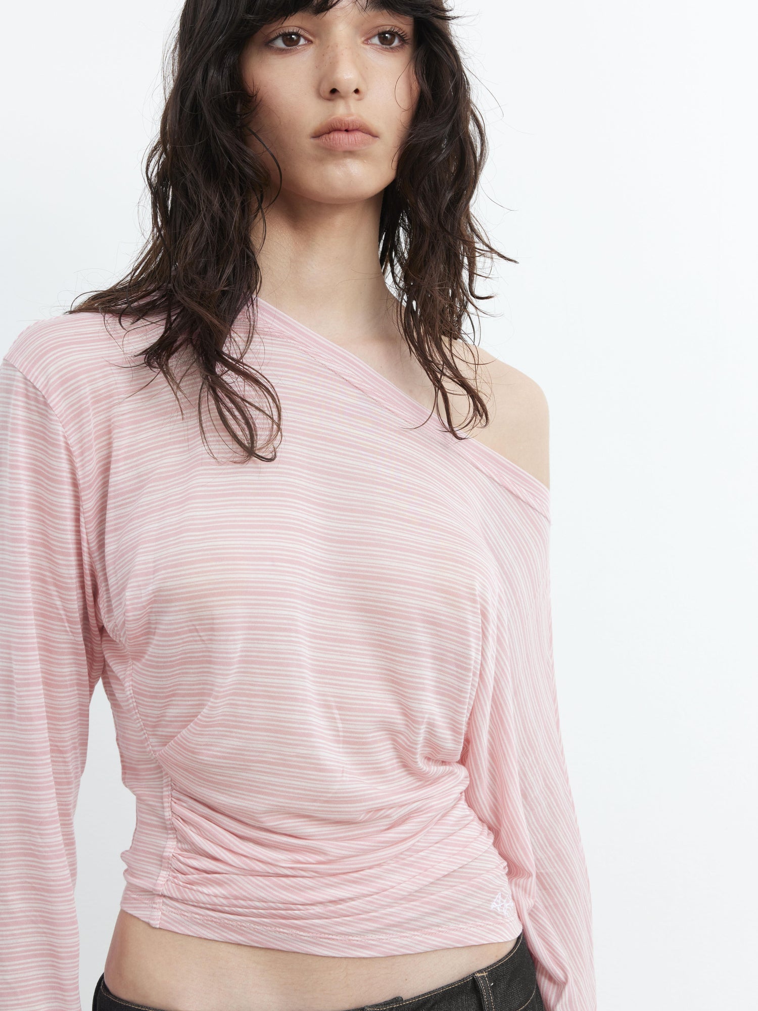 AFTADAWN Cool Sense Asymmetrical Pleated Stripe V-neck T-shirt Long Sleeve