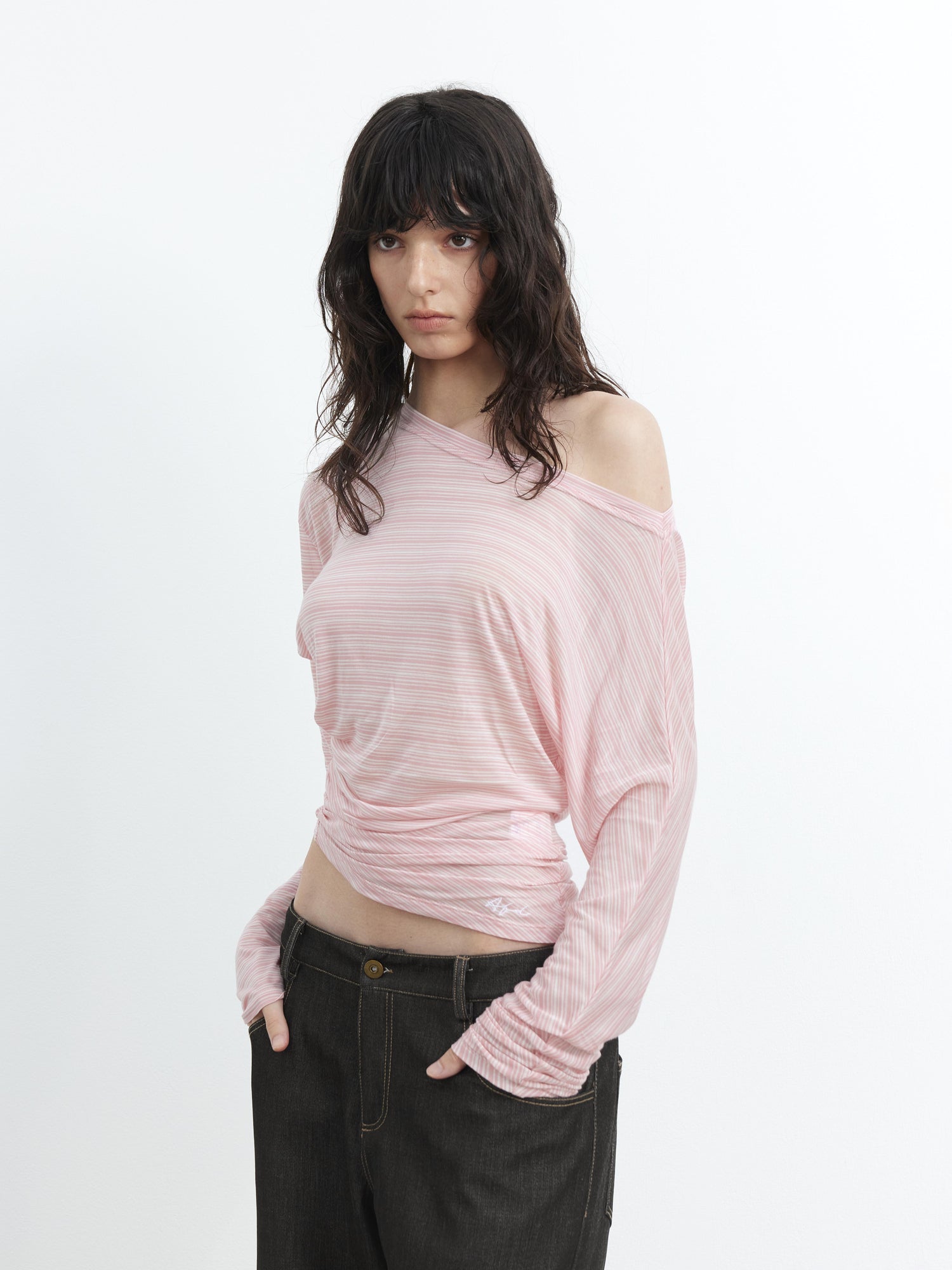 AFTADAWN Cool Sense Asymmetrical Pleated Stripe V-neck T-shirt Long Sleeve