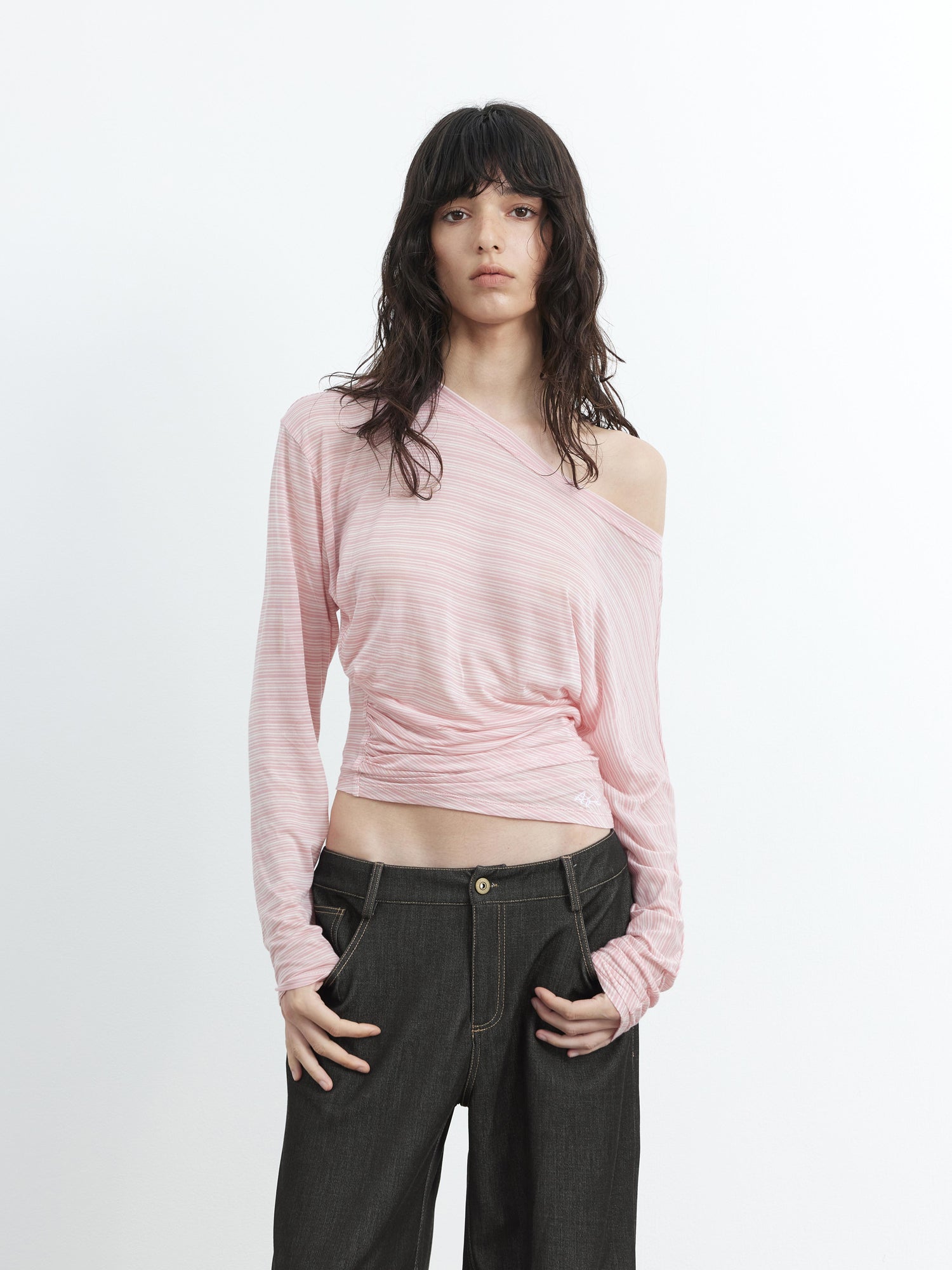 AFTADAWN Cool Sense Asymmetrical Pleated Stripe V-neck T-shirt Long Sleeve