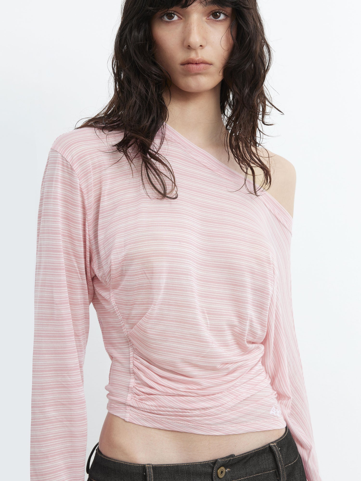 AFTADAWN Cool Sense Asymmetrical Pleated Stripe V-neck T-shirt Long Sleeve