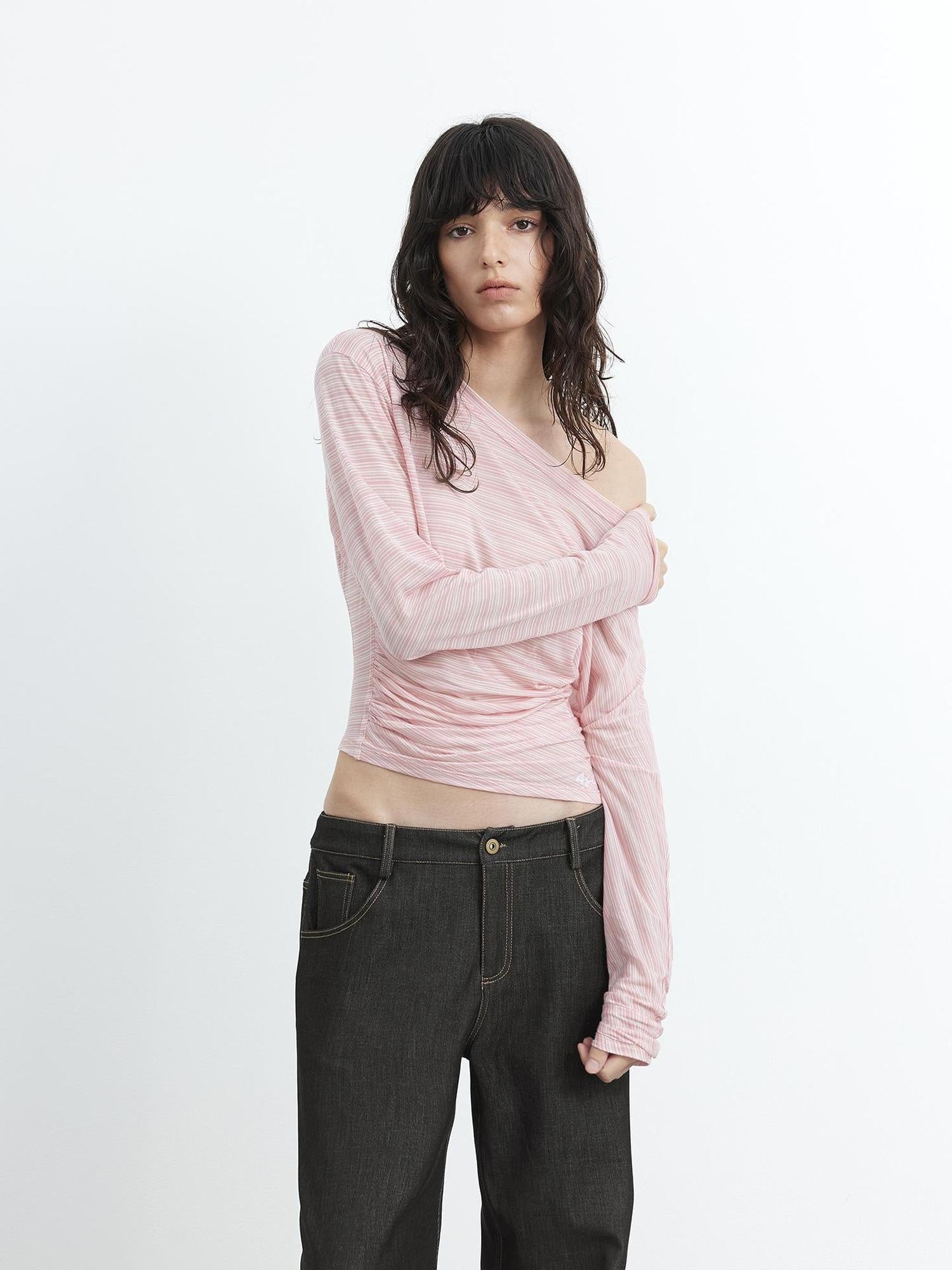 AFTADAWN Cool Sense Asymmetrical Pleated Stripe V-neck T-shirt Long Sleeve