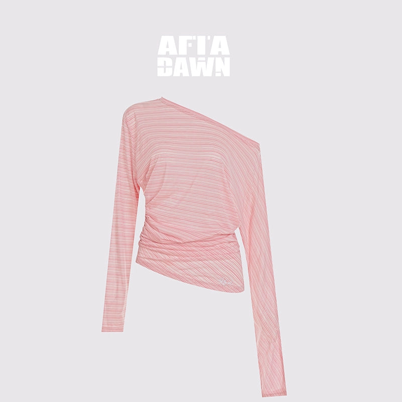 AFTADAWN_Cool_Sense_Asymmetrical_Pleated_Stripe_V-neck_T-shirt_Long_Sleeve_MISSTT