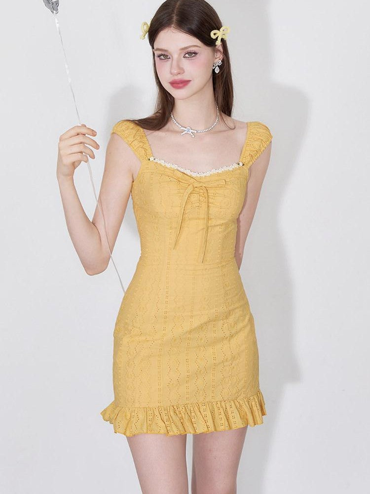 AFTADAWN Coral Orange Cutout Embroidery Ruffle Flutter Women&