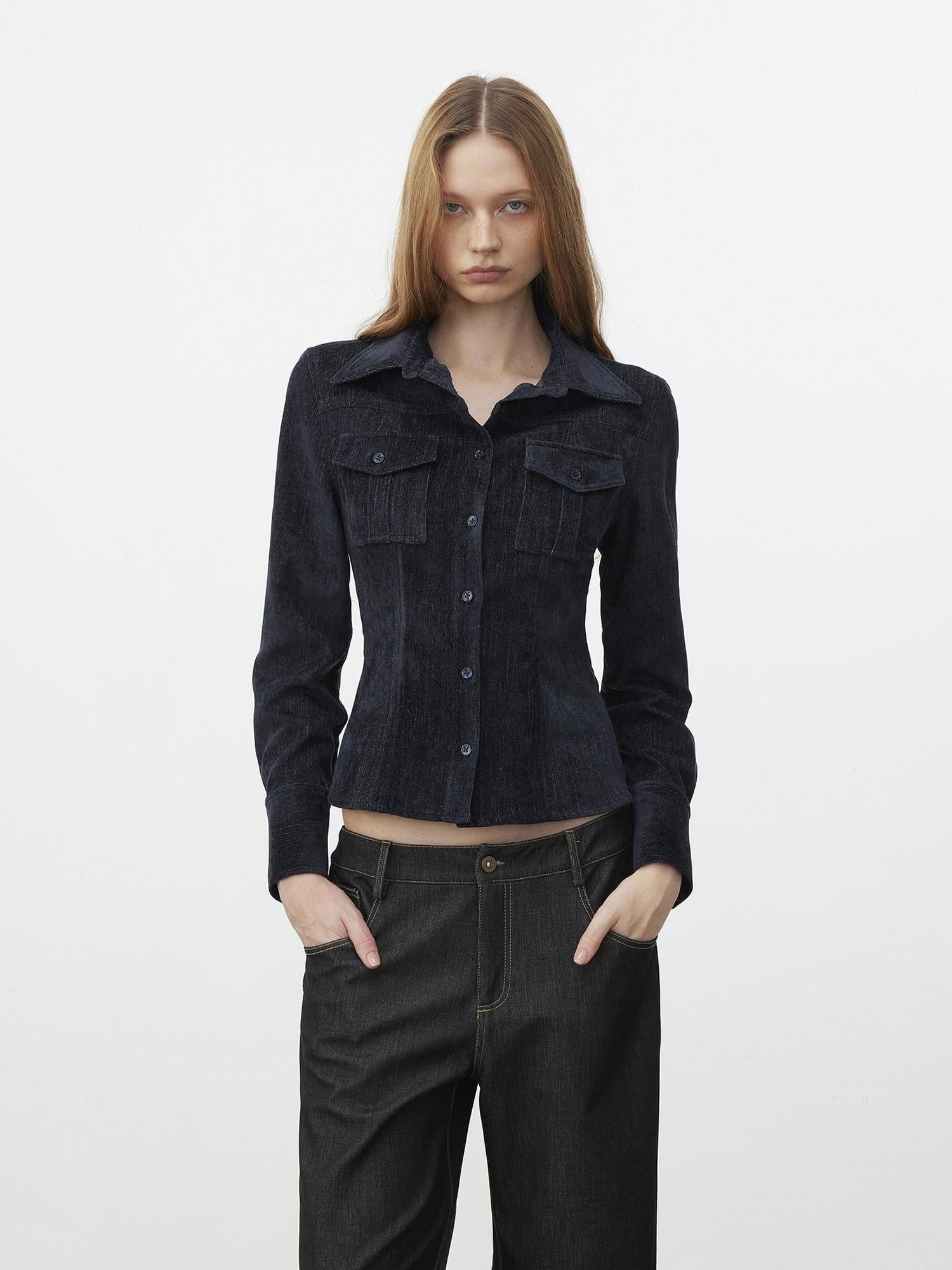 AFTADAWN Corduroy Rib Turn Down Collar Women&