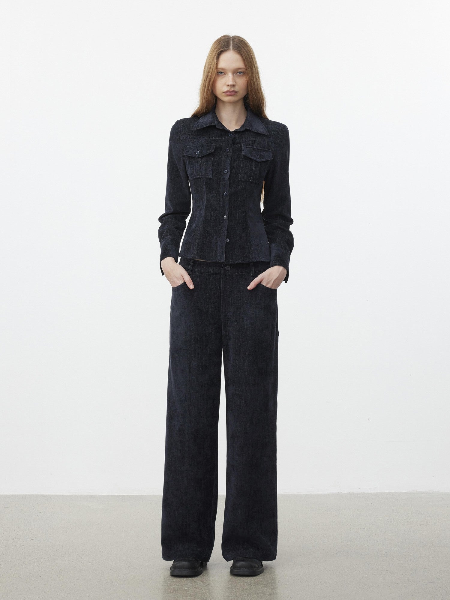 AFTADAWN Corduroy Rib Turn Down Collar Women&