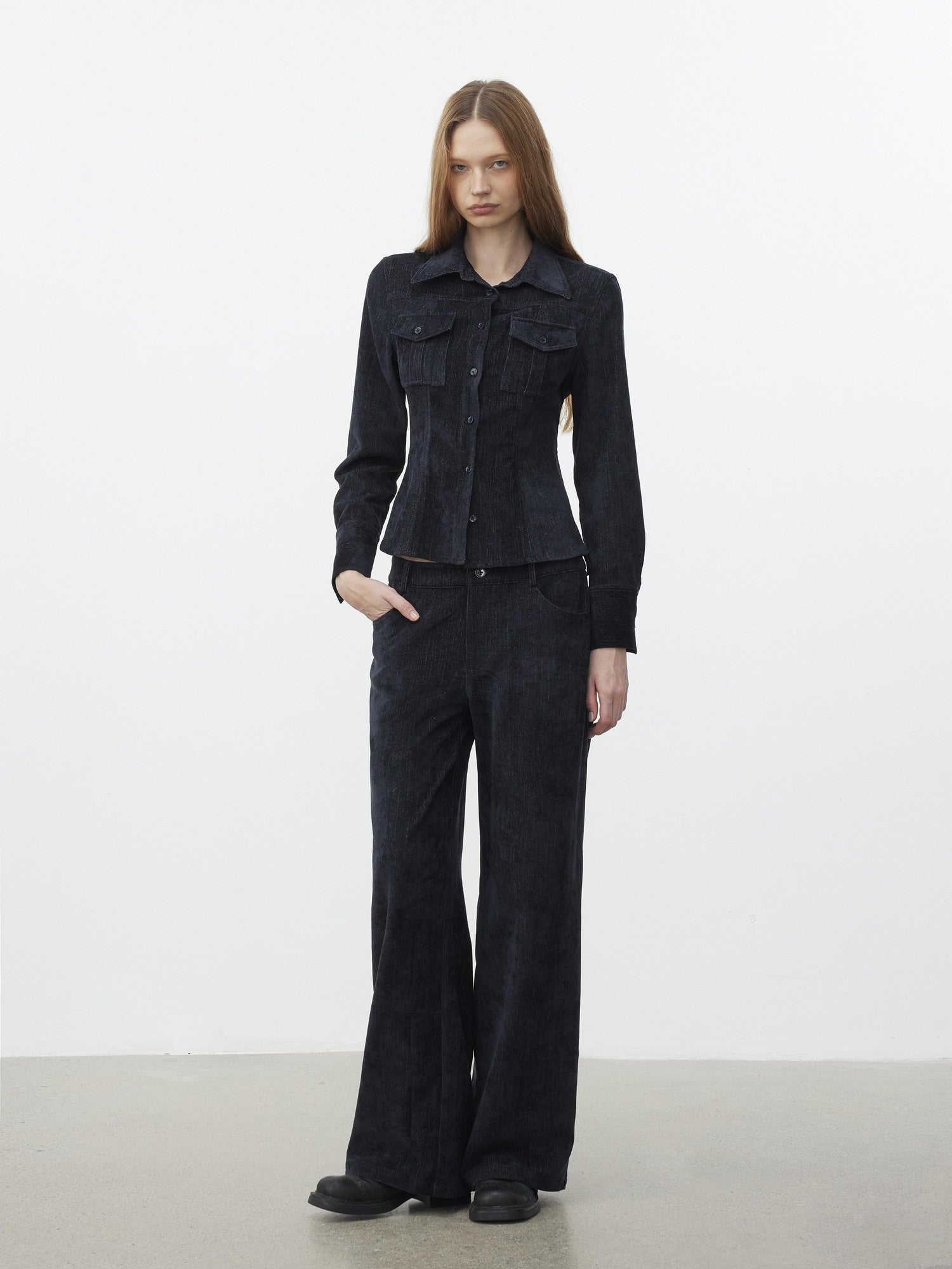 AFTADAWN Corduroy Rib Turn Down Collar Women&