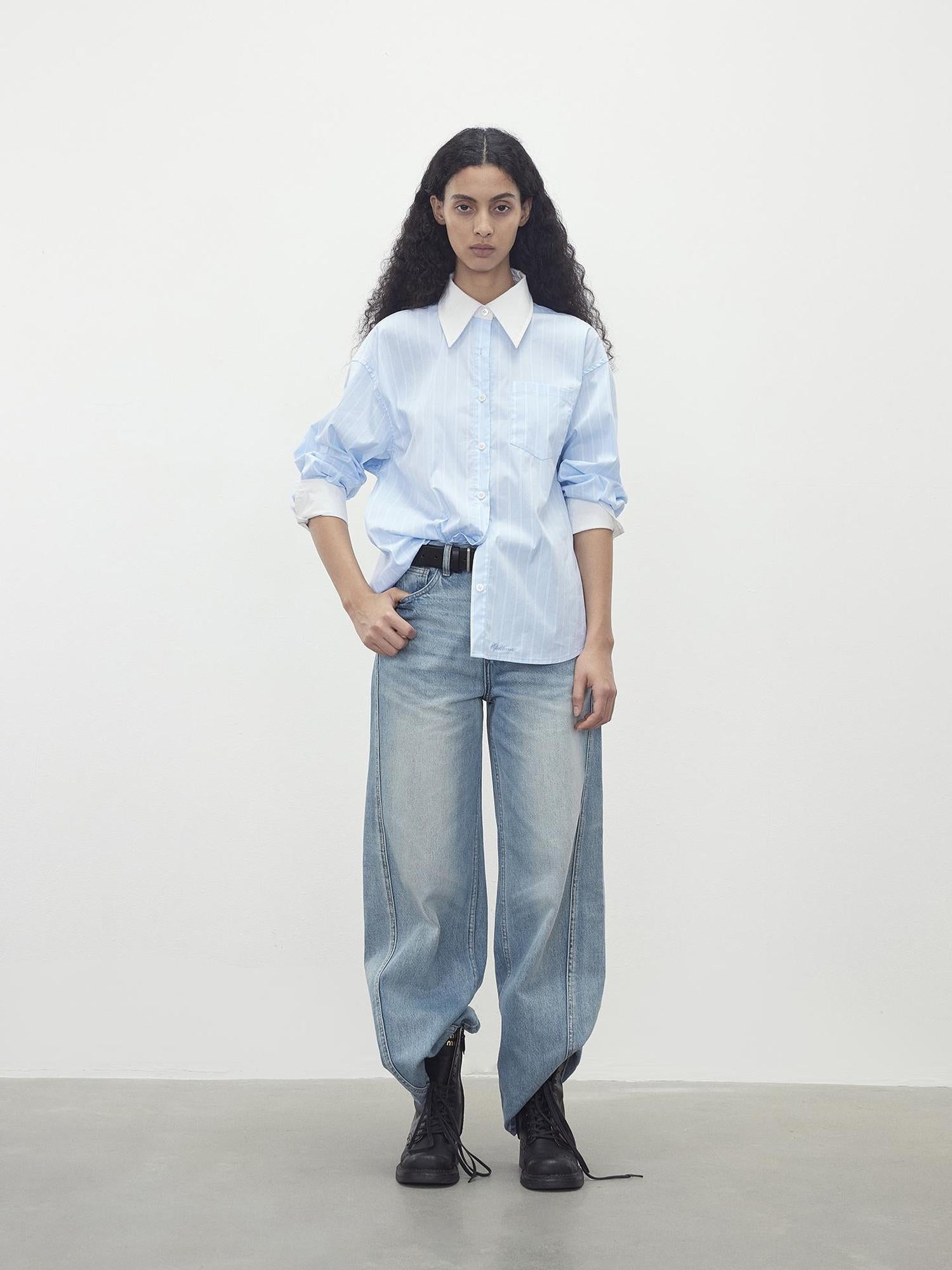 AFTADAWN Cotton Blend Striped Oversized Shirt with Detachable Tie