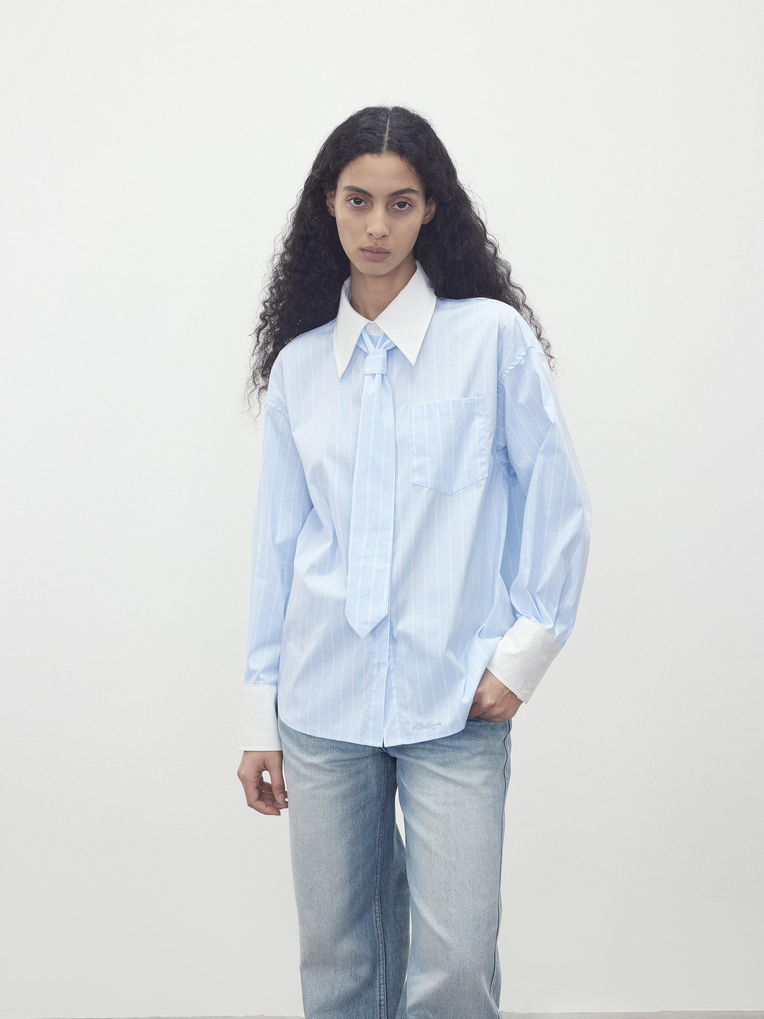 AFTADAWN Cotton Blend Striped Oversized Shirt with Detachable Tie