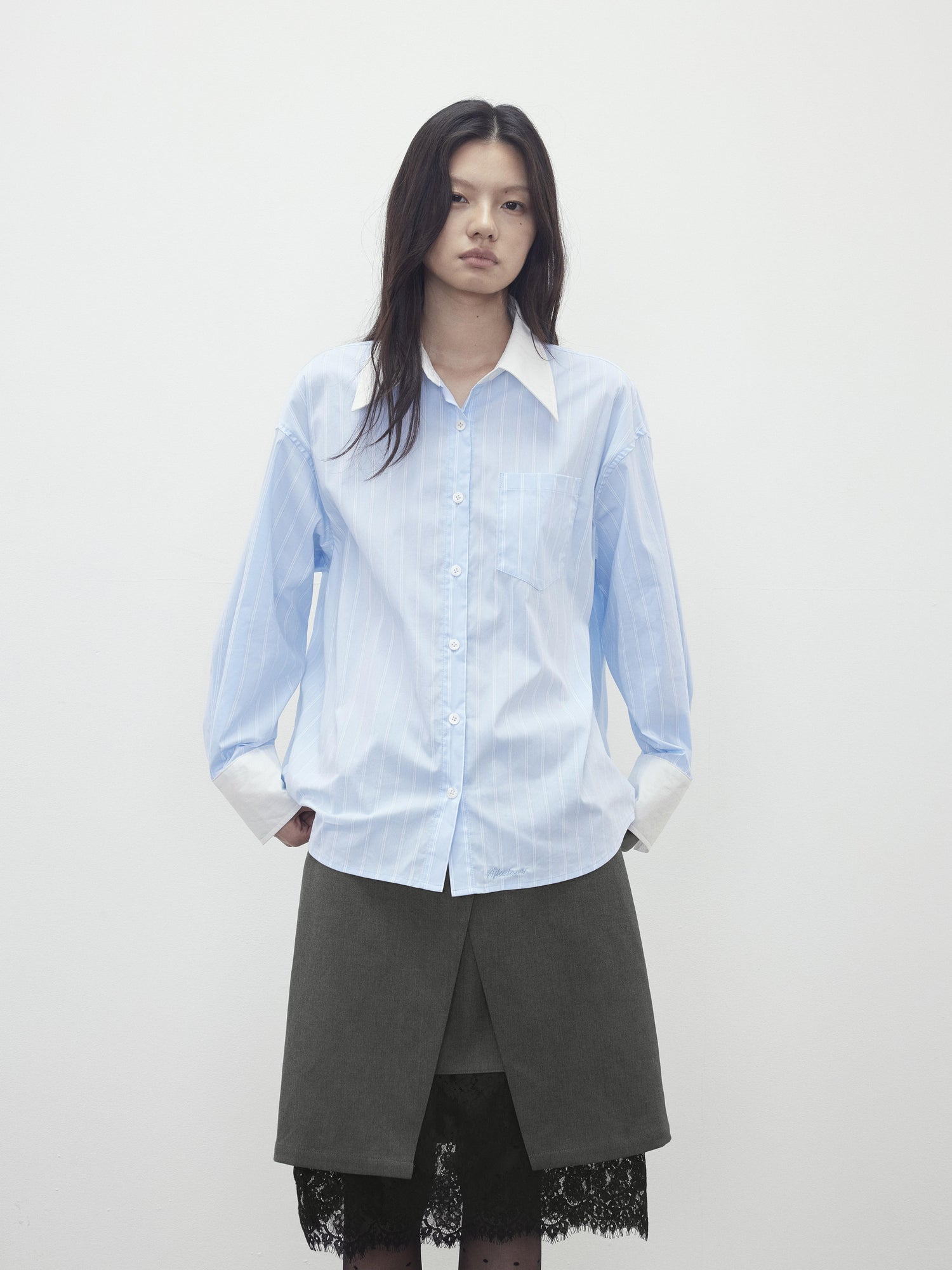 AFTADAWN Cotton Blend Striped Oversized Shirt with Detachable Tie