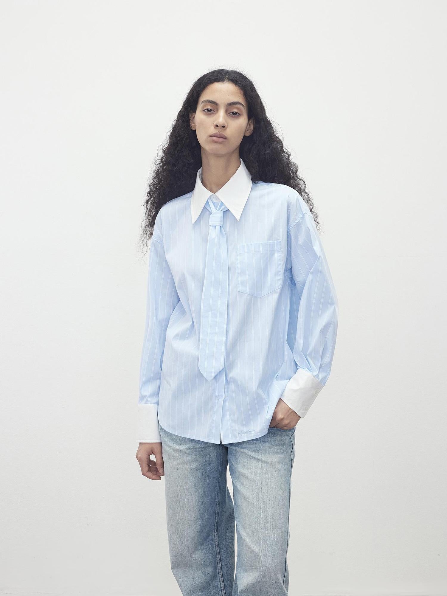 AFTADAWN Cotton Blend Striped Oversized Shirt with Detachable Tie