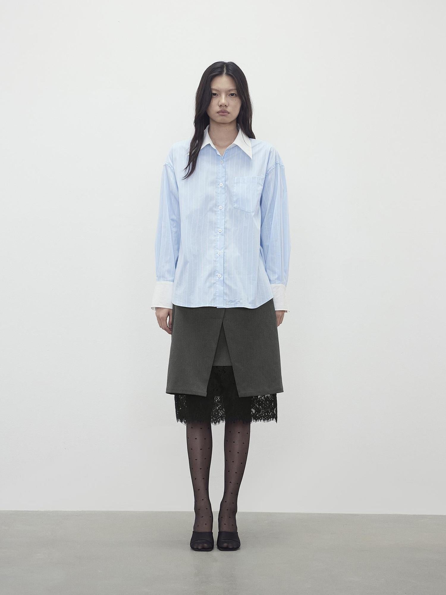 AFTADAWN Cotton Blend Striped Oversized Shirt with Detachable Tie