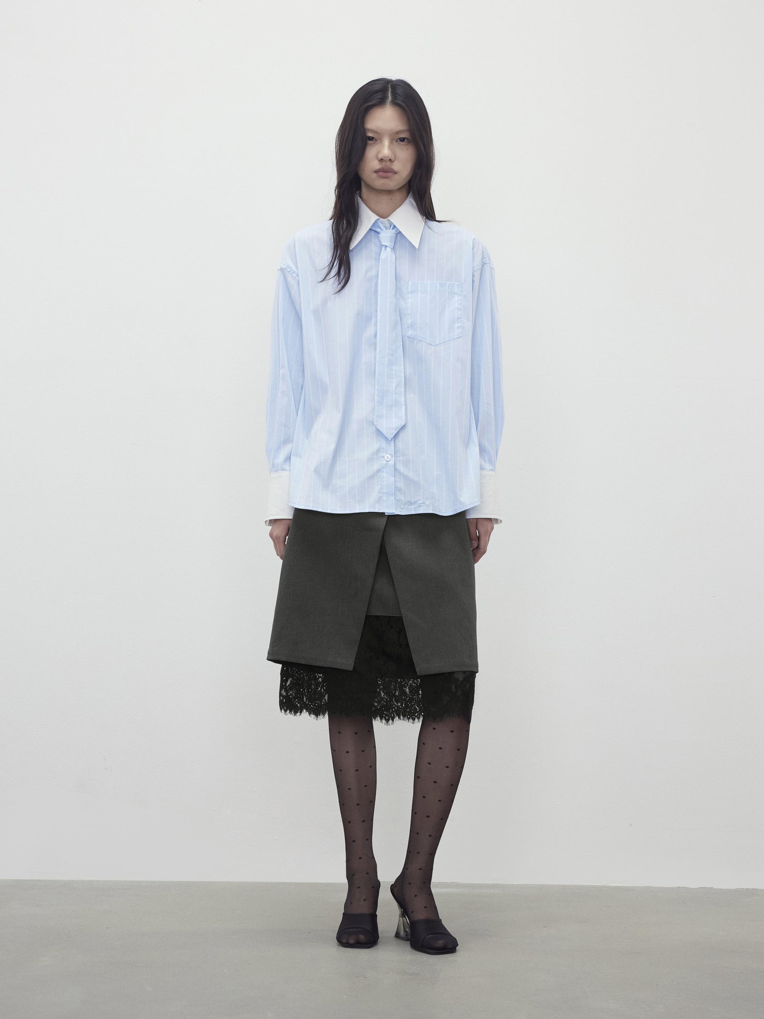 AFTADAWN Cotton Blend Striped Oversized Shirt with Detachable Tie