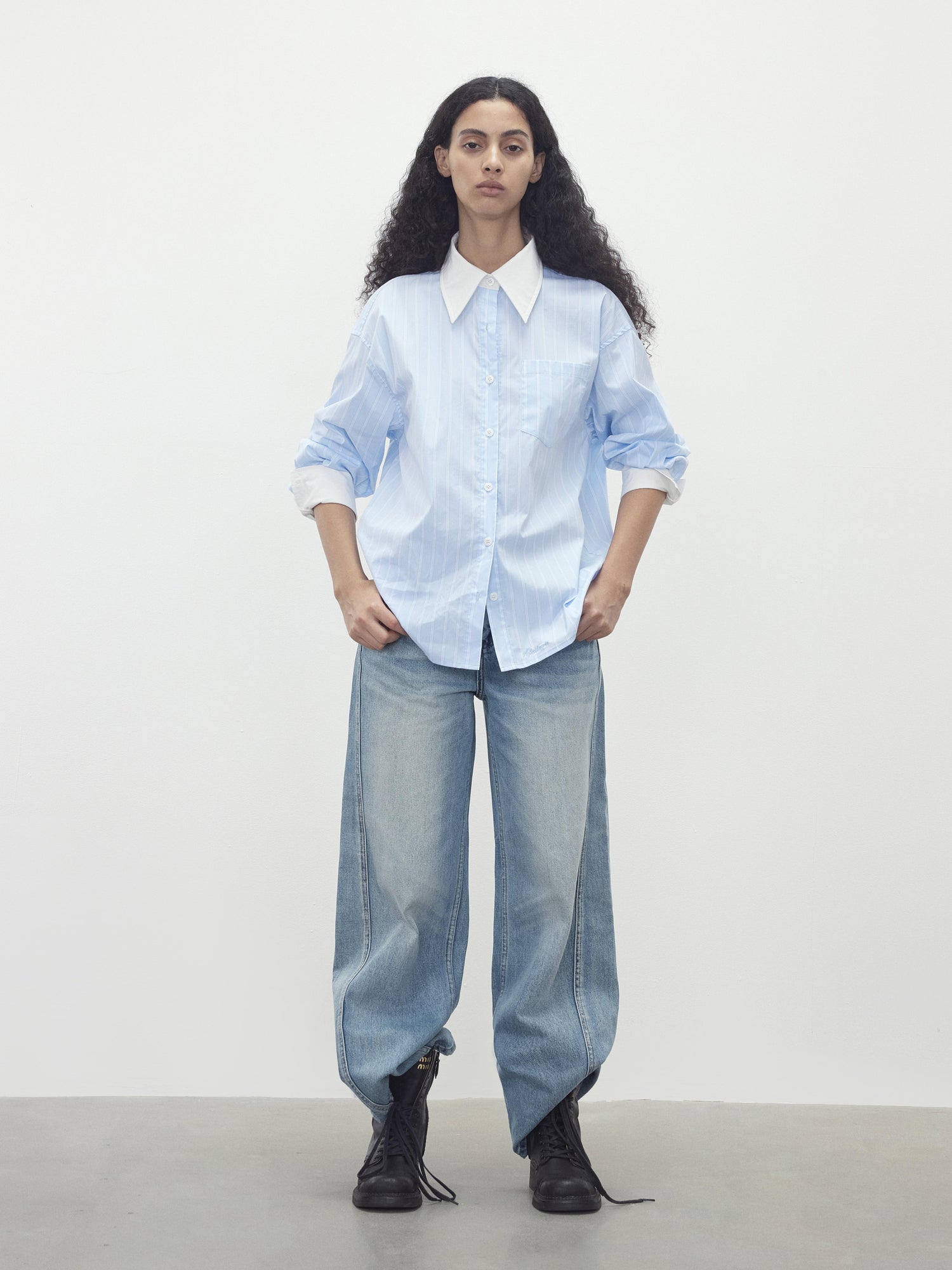 AFTADAWN Cotton Blend Striped Oversized Shirt with Detachable Tie