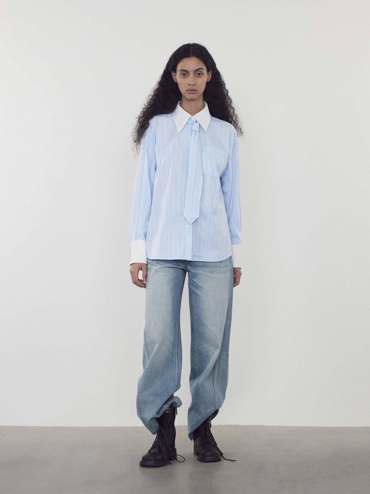 AFTADAWN Cotton Blend Striped Oversized Shirt with Detachable Tie