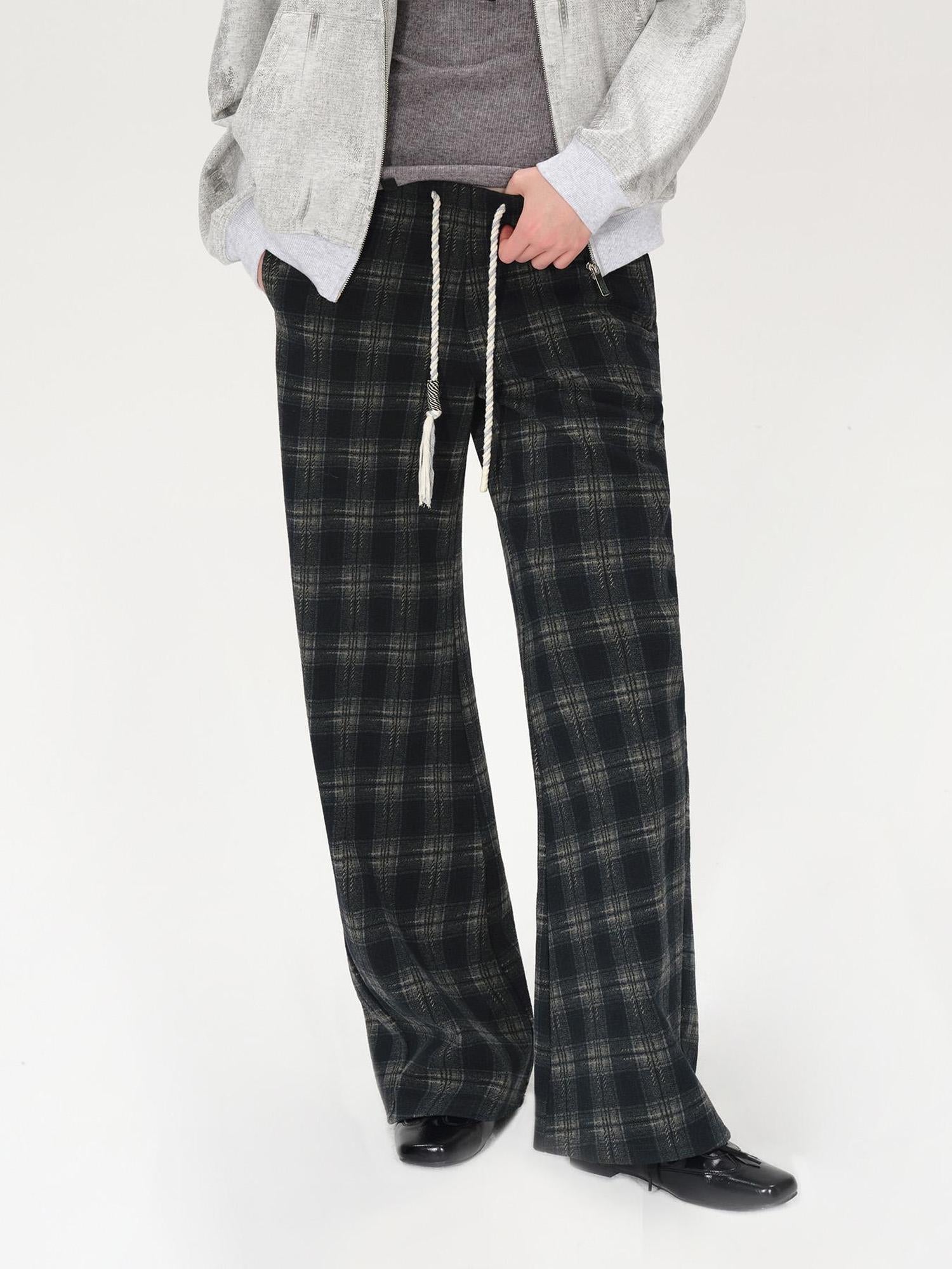 AFTADAWN Cotton Feel Drawstring Checkered Wide Leg Trousers