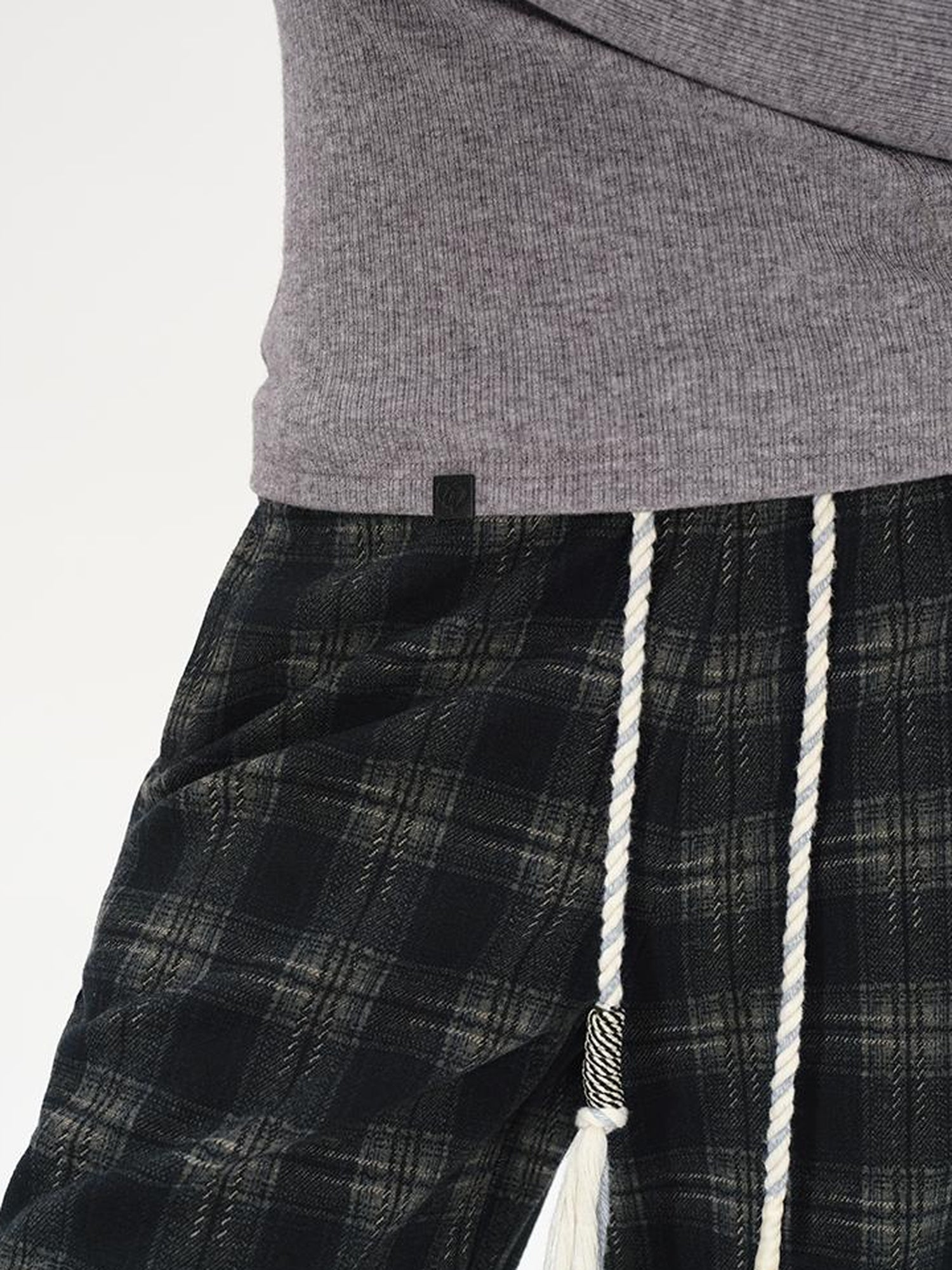 AFTADAWN Cotton Feel Drawstring Checkered Wide Leg Trousers