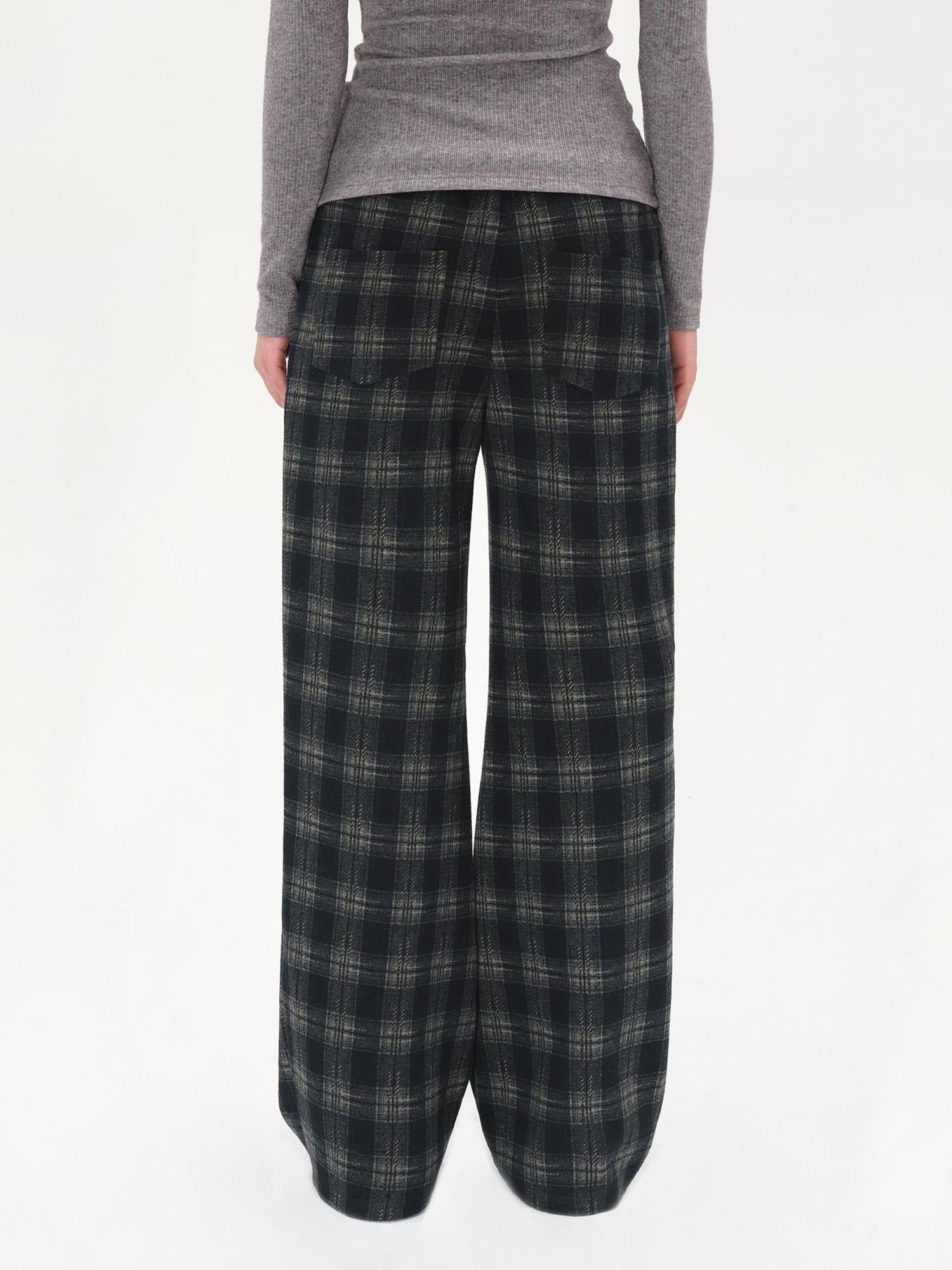 AFTADAWN Cotton Feel Drawstring Checkered Wide Leg Trousers