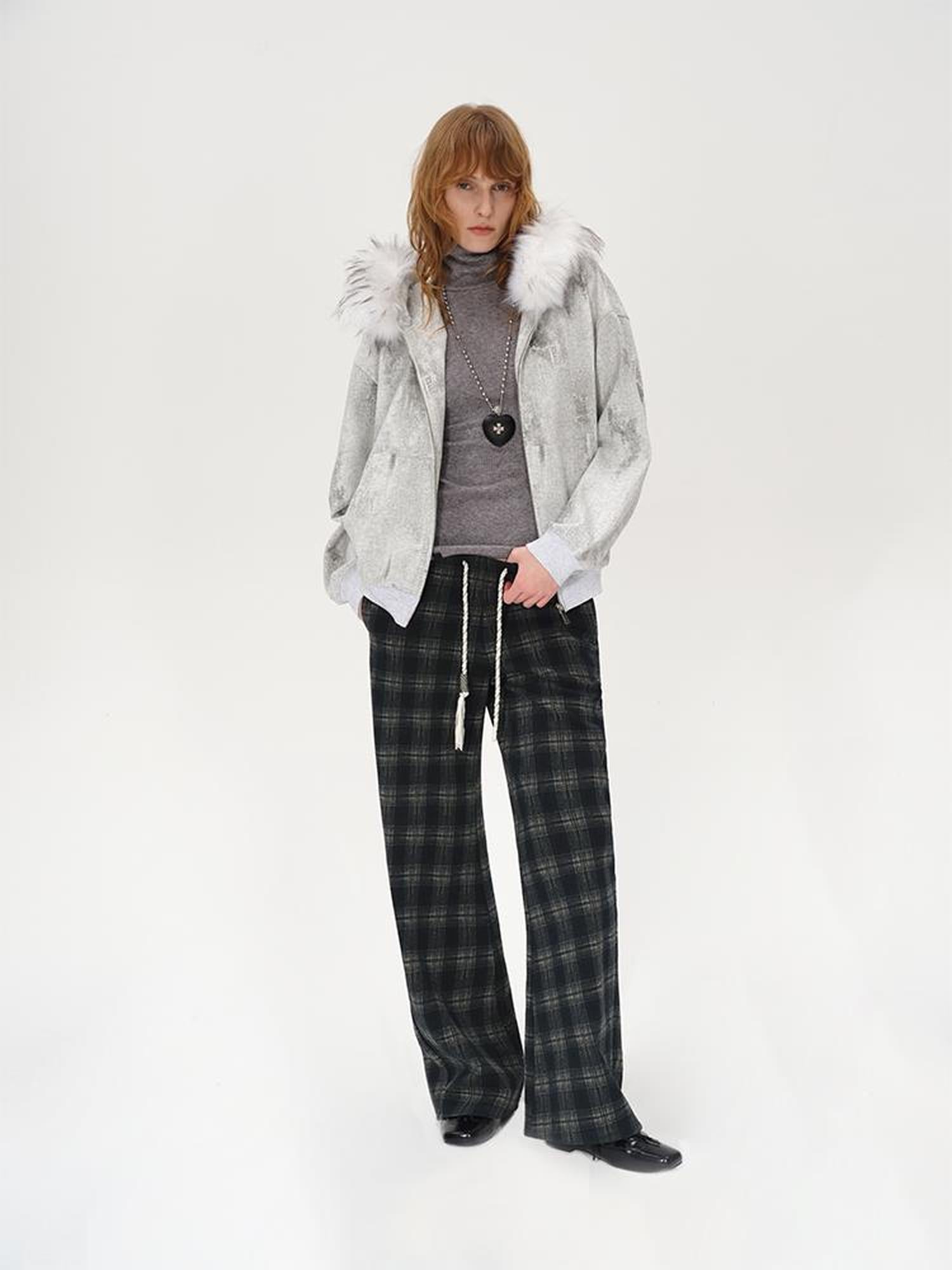 AFTADAWN Cotton Feel Drawstring Checkered Wide Leg Trousers