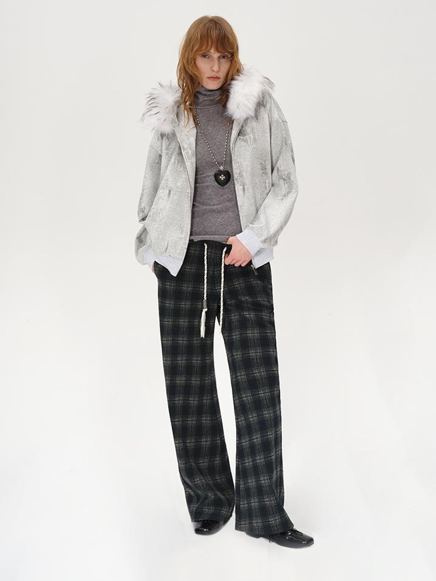 AFTADAWN Cotton Feel Drawstring Checkered Wide Leg Trousers