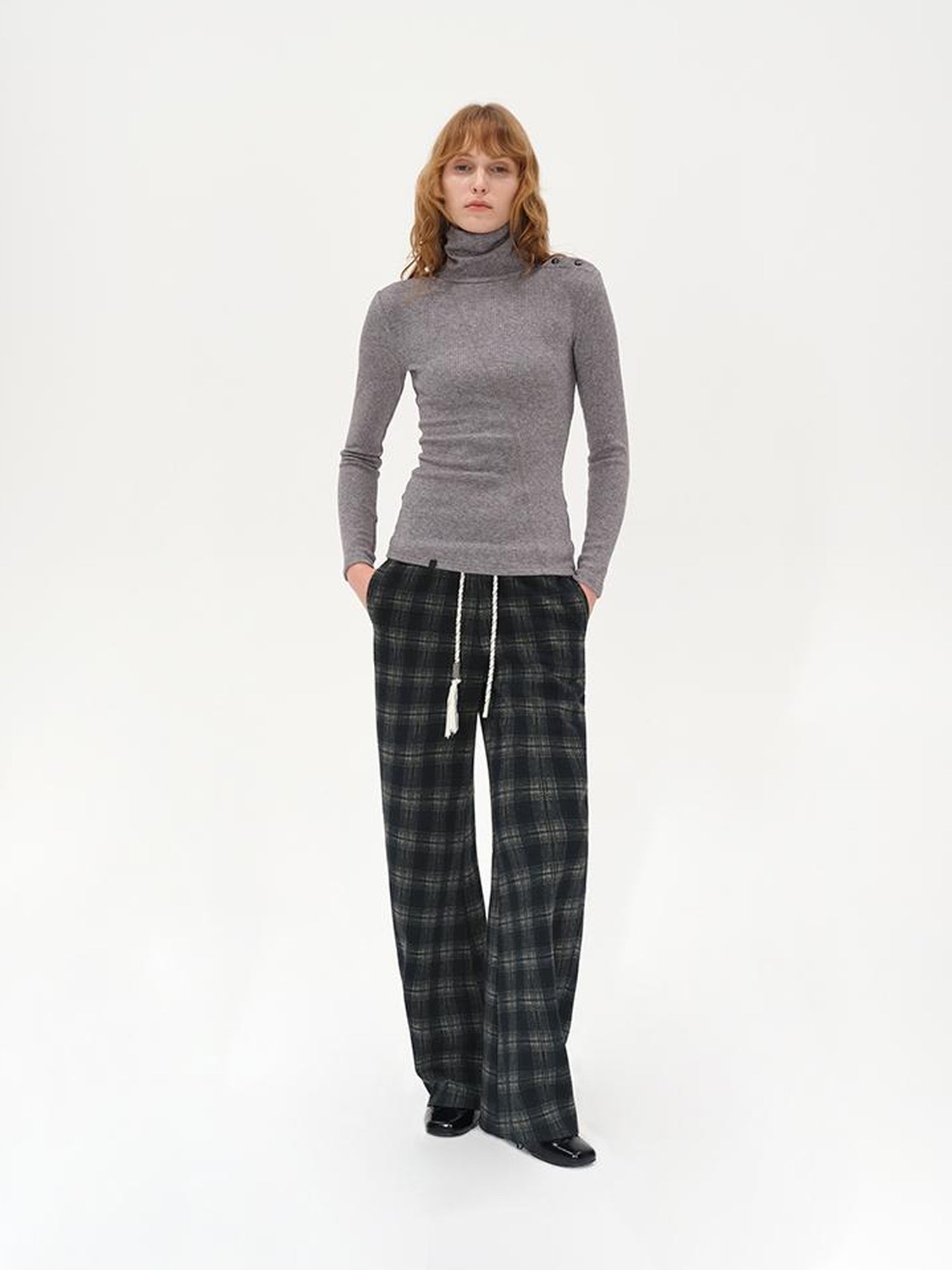 AFTADAWN Cotton Feel Drawstring Checkered Wide Leg Trousers