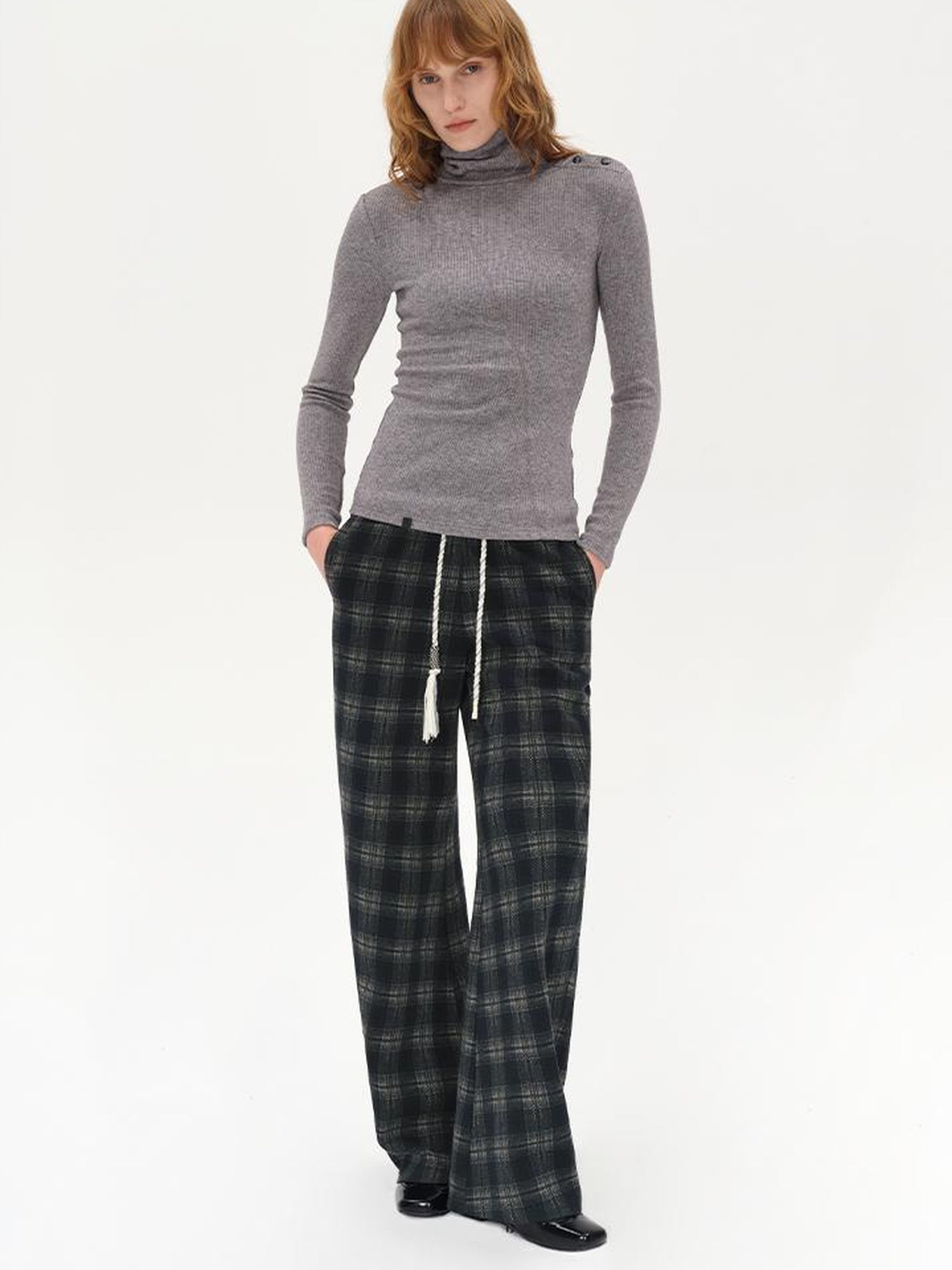 AFTADAWN Cotton Feel Drawstring Checkered Wide Leg Trousers