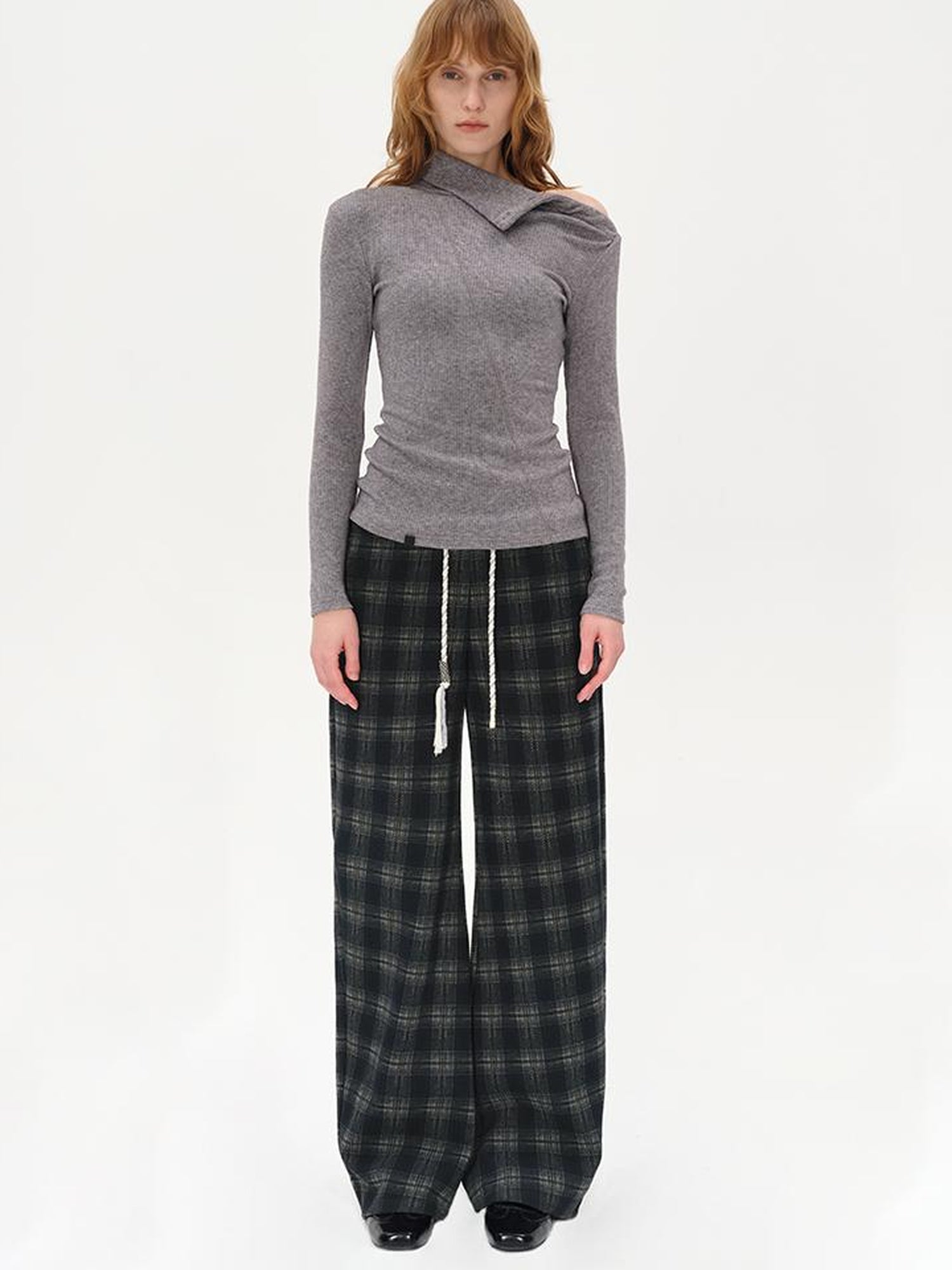 AFTADAWN Cotton Feel Drawstring Checkered Wide Leg Trousers