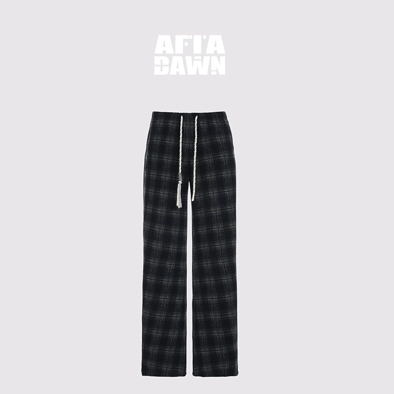 AFTADAWN_Cotton_Feel_Drawstring_Checkered_Wide_Leg_Trousers_MISSTT