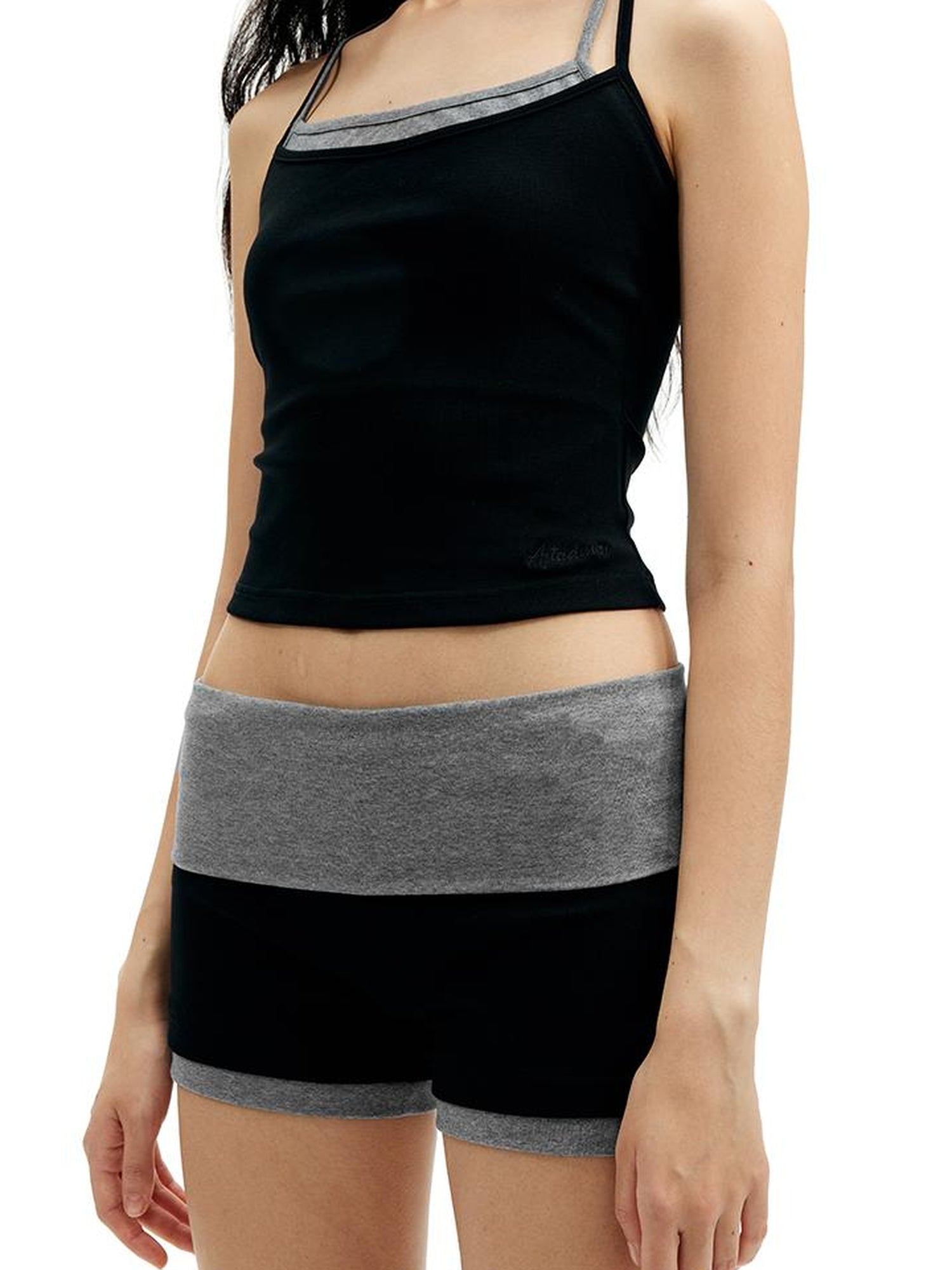 AFTADAWN Cotton Feel Knitted Back Cami Contrast Waistband Shorts Set