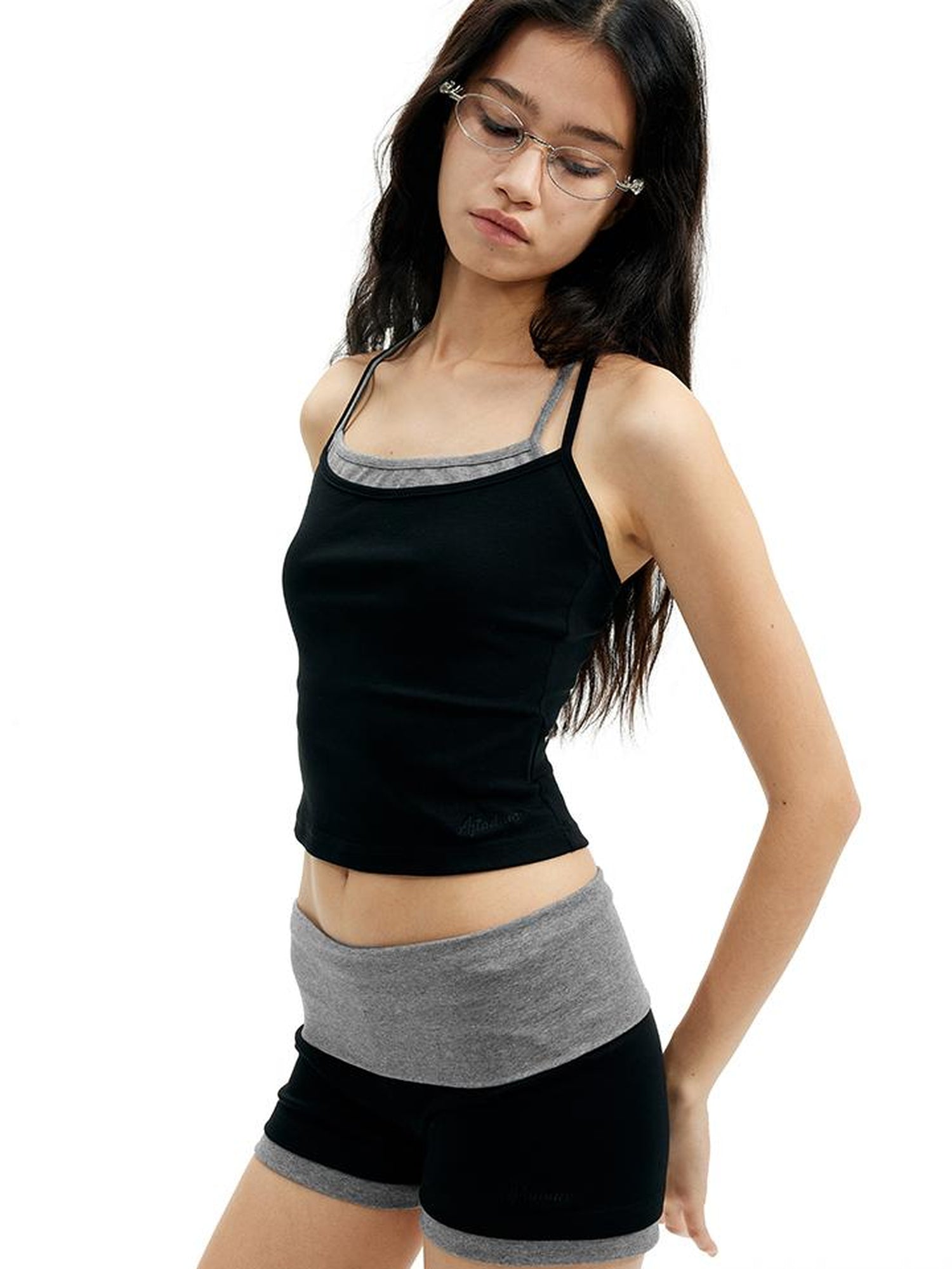 AFTADAWN Cotton Feel Knitted Back Cami Contrast Waistband Shorts Set